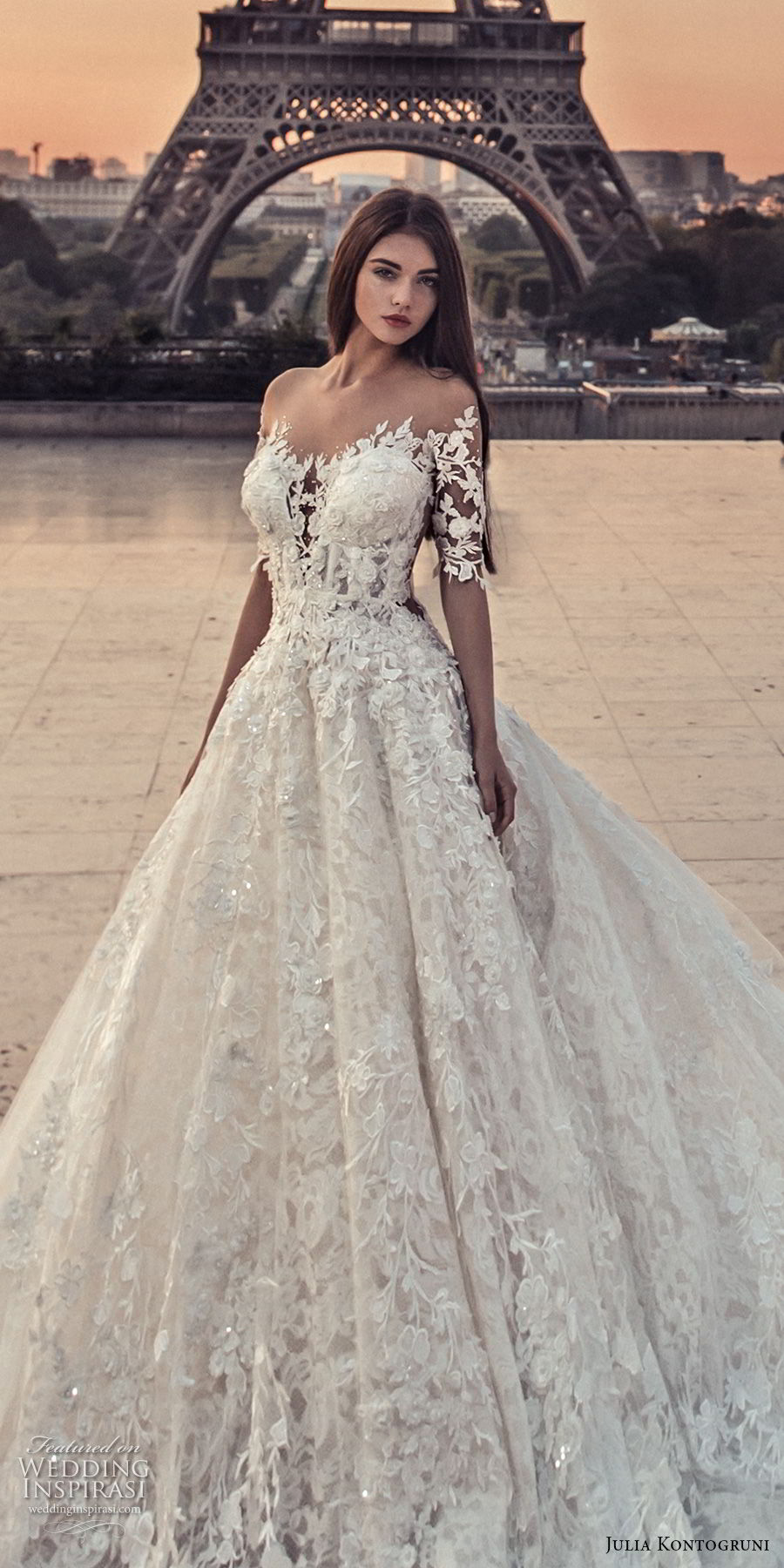 julia kontogruni 2018 bridal half sleeves off shoulder sweetheart neckline full embellishment romantic princess a  line wedding dress sheer button back chapel train (5) zv