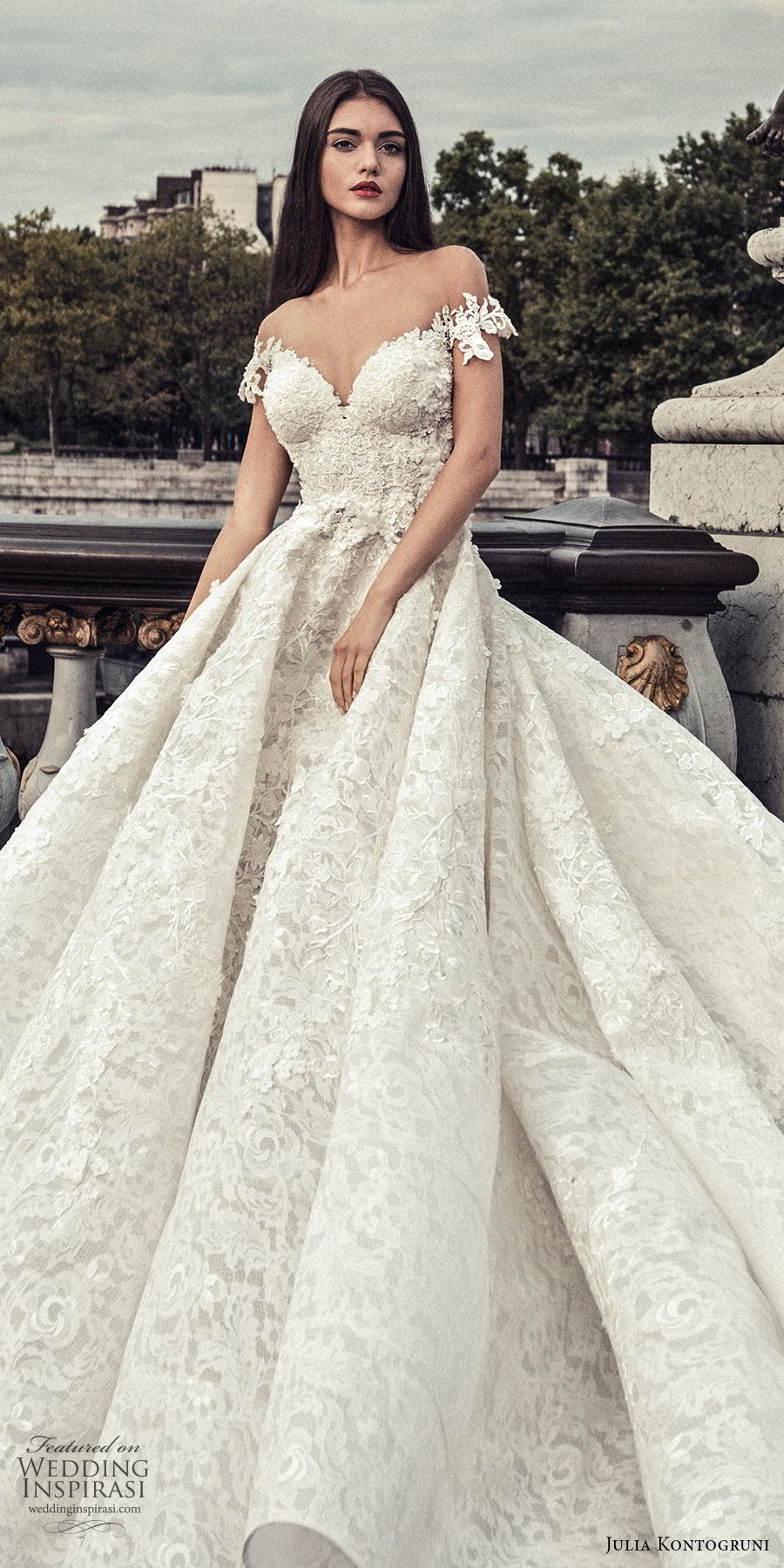 julia kontogruni 2018 bridal off the shoulder sweetheart neckline princess ball gown wedding dress sheer button back royal train (3) zv