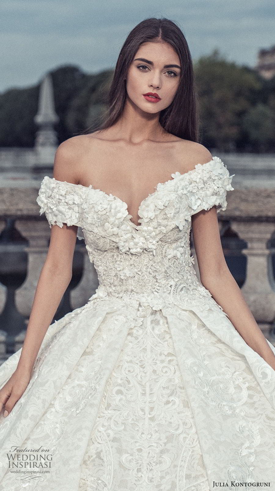 julia kontogruni 2018 bridal off the shoulder v neck full embellishment princess ball gown wedding dress cathedral train (6) zv