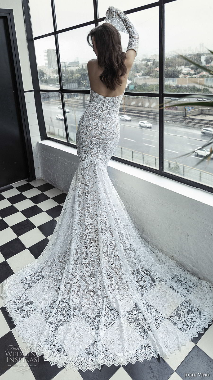 julie vino 2019 romanzo bridal long bell sleeves strapless sweetheart neckline full embellishment sexy elegant fit and flare wedding dress chapel train (5) bv