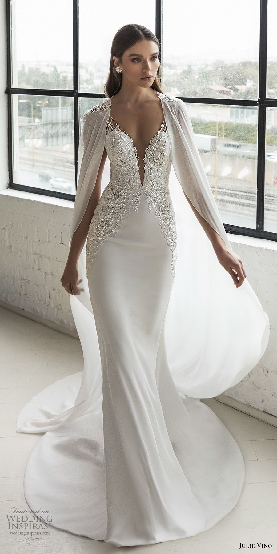 julie vino 2019 romanzo bridal sleeveless deep plunging sweetheart neckline heavily embellished bodice romantic fit and flare wedding dress with cape low v back chapel train (8) mv