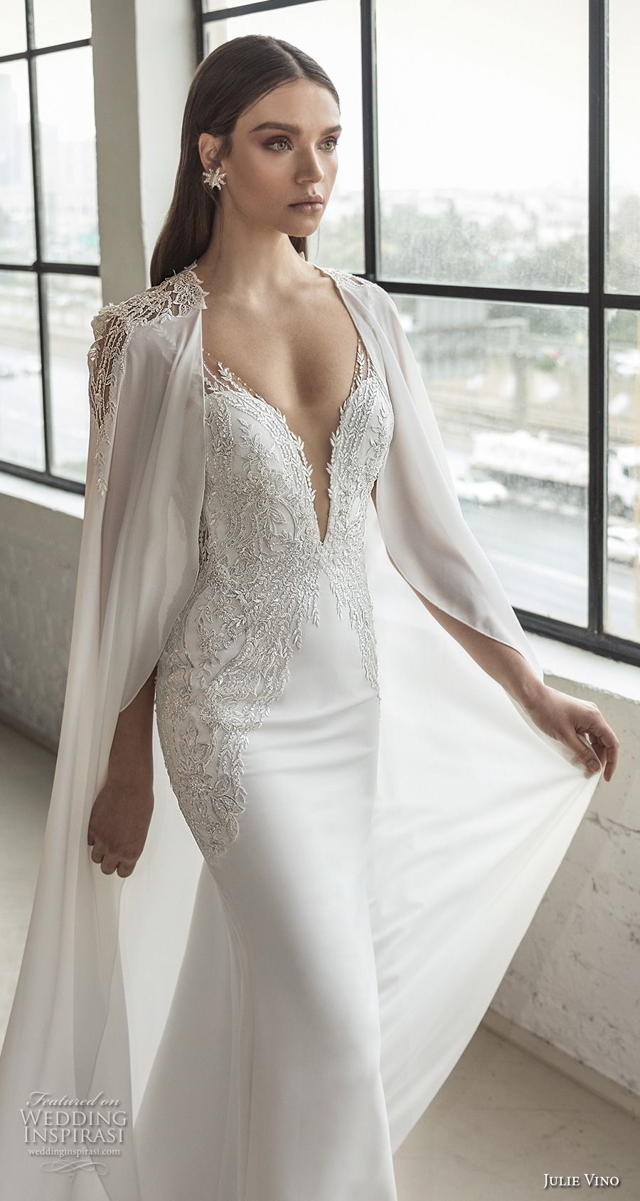 julie vino 2019 romanzo bridal sleeveless deep plunging sweetheart neckline heavily embellished bodice romantic fit and flare wedding dress with cape low v back chapel train (8) zv