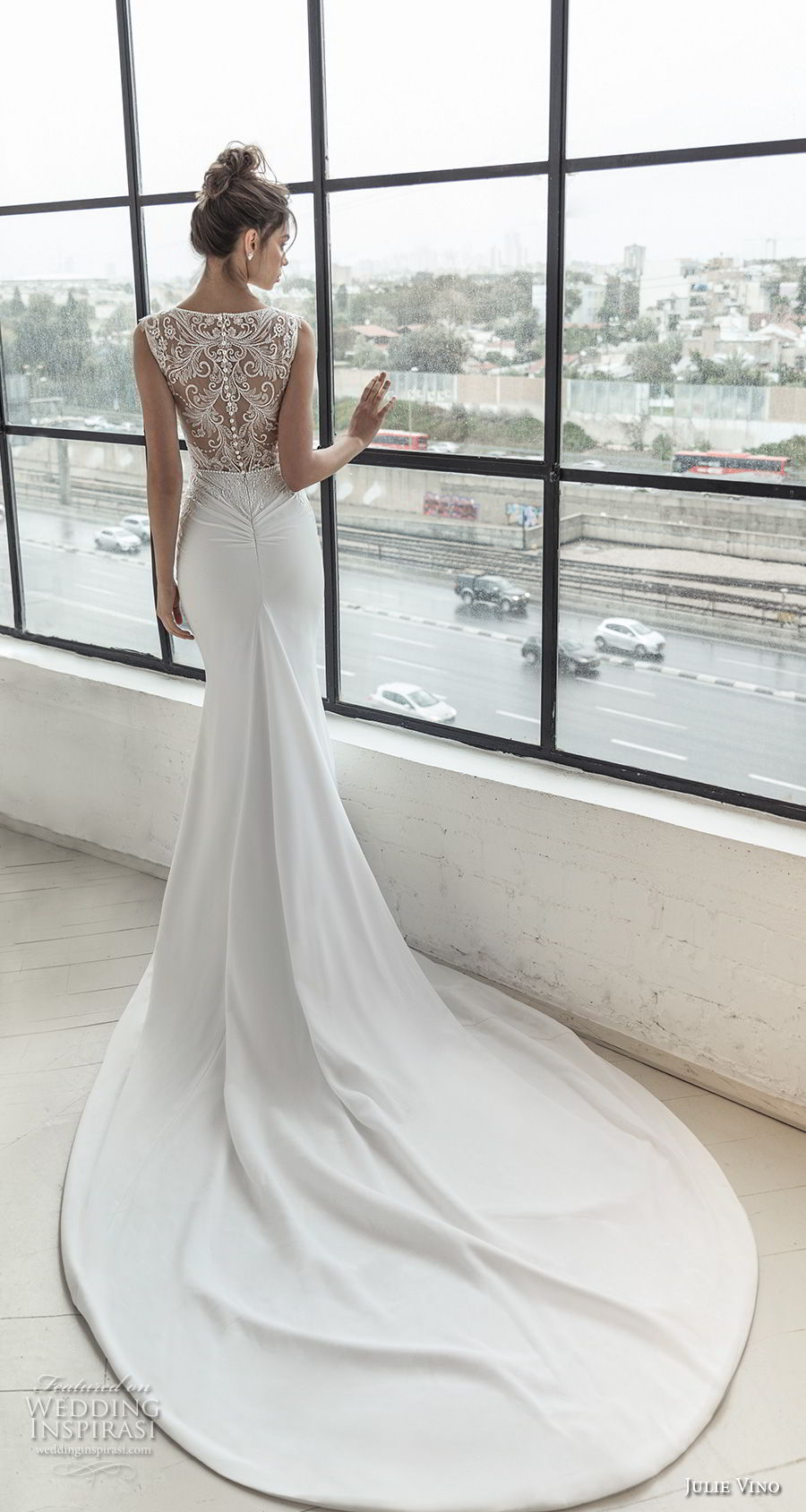 julie vino 2019 romanzo bridal sleeveless illusion bateau sweetheart neckline heavily embellished bodice elegan fit and flare wedding dress sheer lace chapel train (11) bv