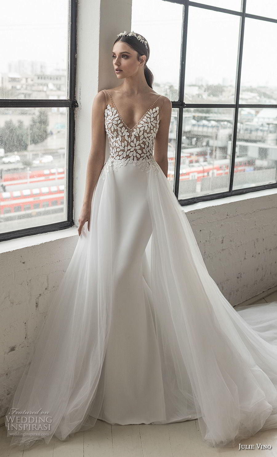 julie vino 2019 romanzo bridal sleeveless v neck heavily embellished bodice romantic elegant fit and flare wedding dress a  line overskirt low scoop back chapel train (3) mv