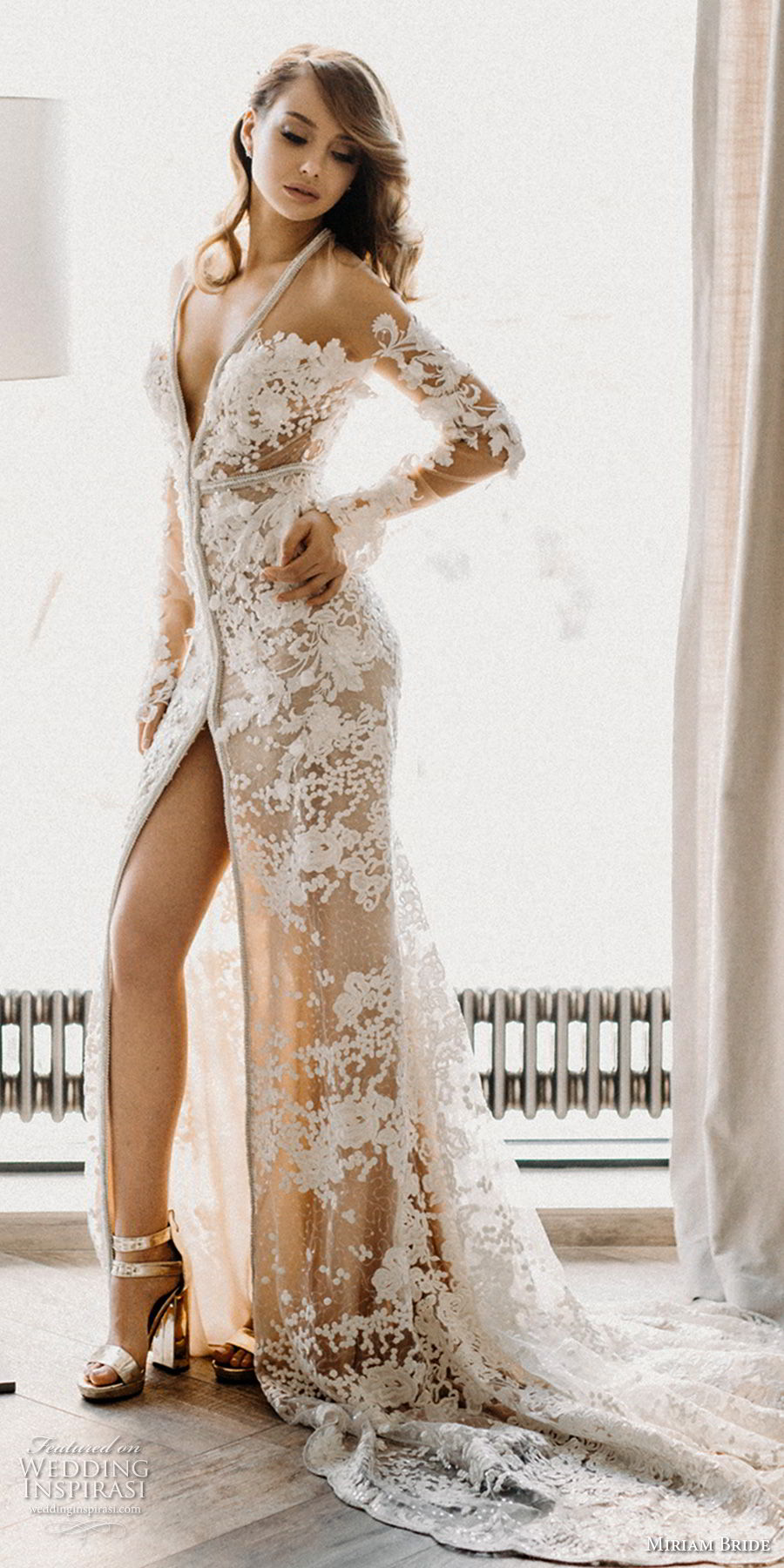 miriams bride 2018 bridal long sleeves deep v neck full embellishment elegant sexy fit and flare wedding dress chapel train (6) mv  
