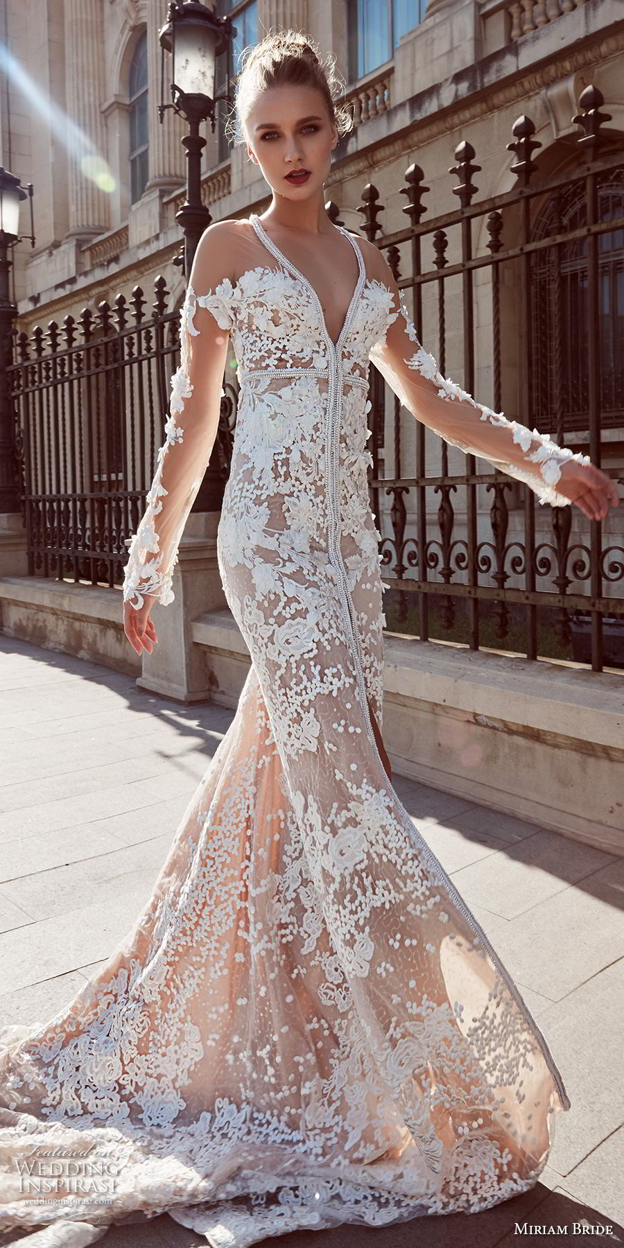 miriams bride 2018 bridal long sleeves deep v neck full embellishment elegant sexy fit and flare wedding dress chapel train (6) mv