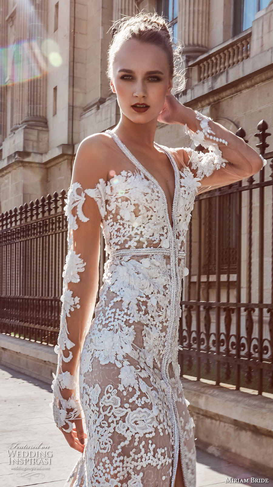 miriams bride 2018 bridal long sleeves deep v neck full embellishment elegant sexy fit and flare wedding dress chapel train (6) zv