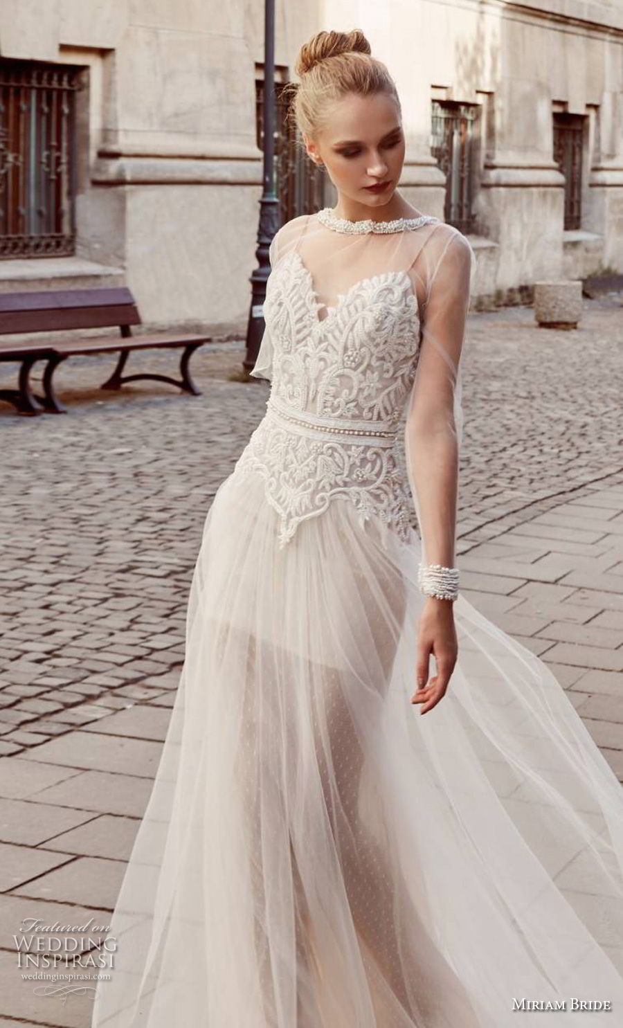 miriams bride 2018 bridal long sleeves illusion jewel sweetheart neckline heavily embellished bodice romantic soft a  line wedding dress (2) mv