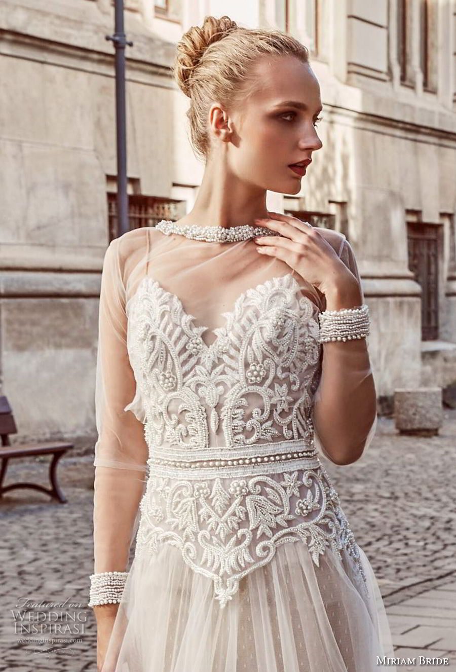 miriams bride 2018 bridal long sleeves illusion jewel sweetheart neckline heavily embellished bodice romantic soft a  line wedding dress (2) zv