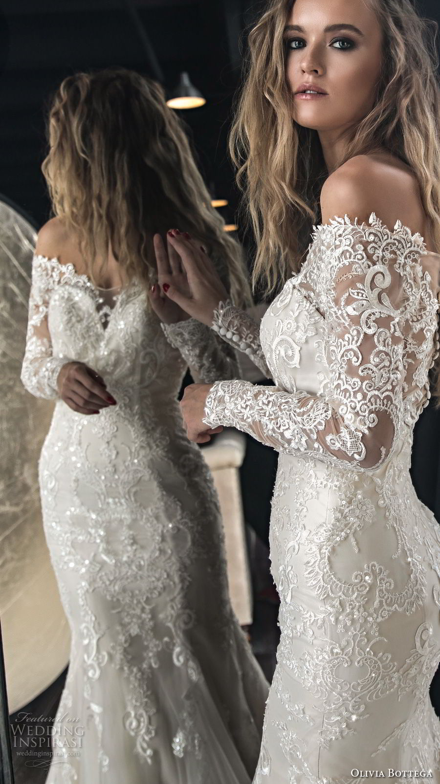 olivia bottega 2018 bridal long sleeves off rhe shoulder sweetheart neckline heavily embellished bodice elegant mermaid wedding dress sheer lace button back chapel train (4) zv 