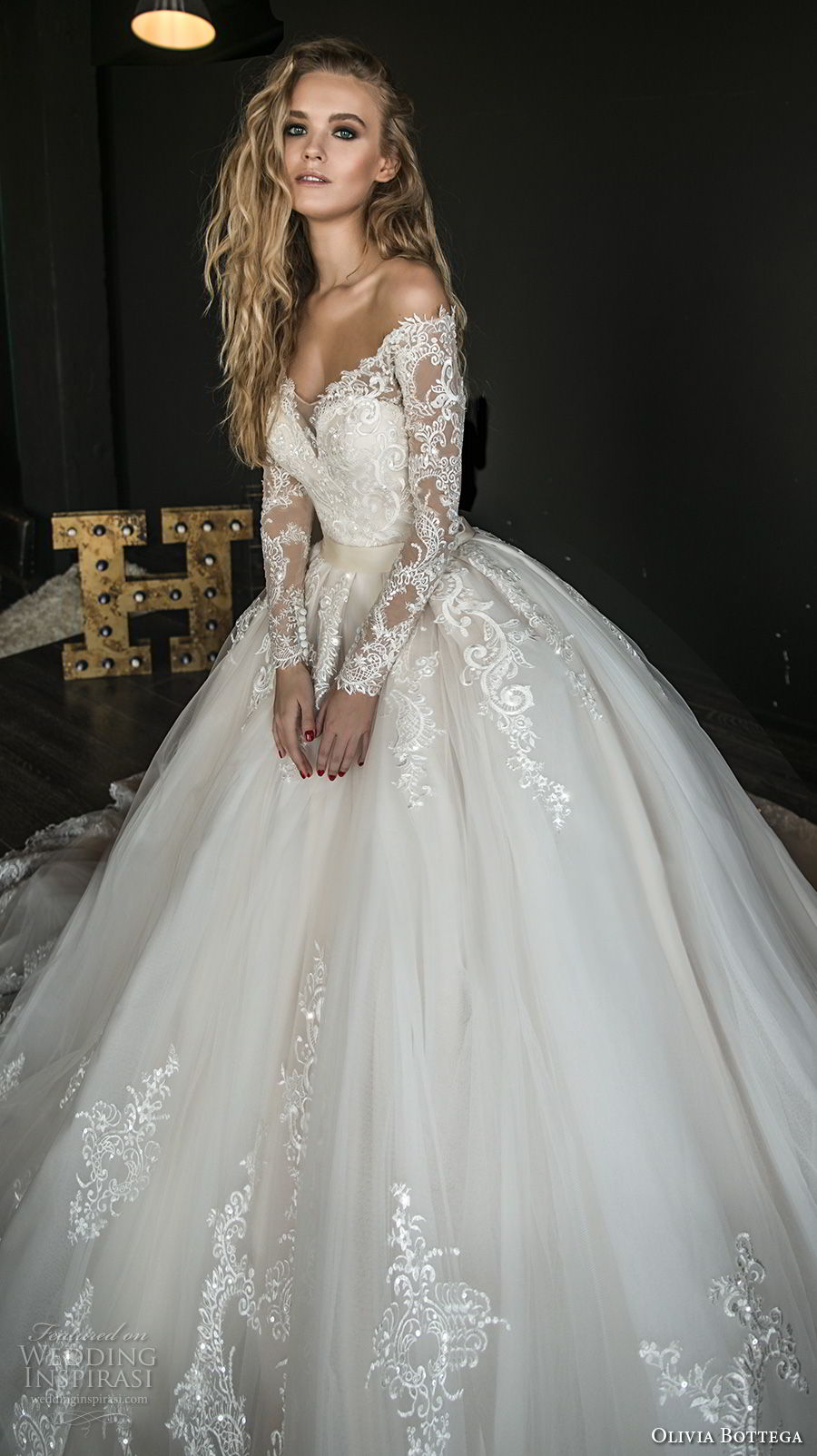 olivia bottega 2018 bridal long sleeves off rhe shoulder sweetheart neckline heavily embellished bodice princess ball gown wedding dress sheer lace button back royal train (4) mv