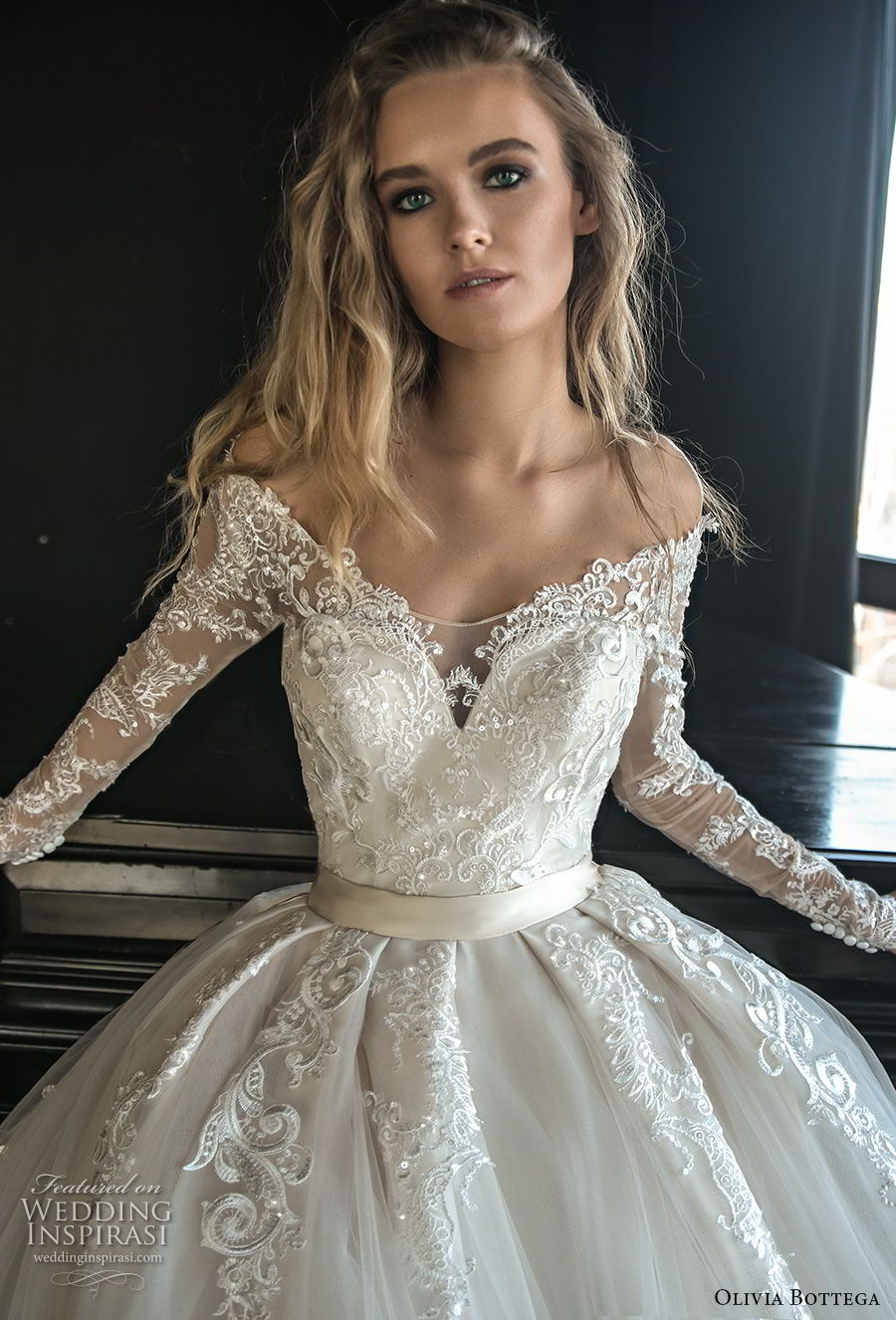 olivia bottega 2018 bridal long sleeves off rhe shoulder sweetheart neckline heavily embellished bodice princess ball gown wedding dress sheer lace button back royal train (4) zv