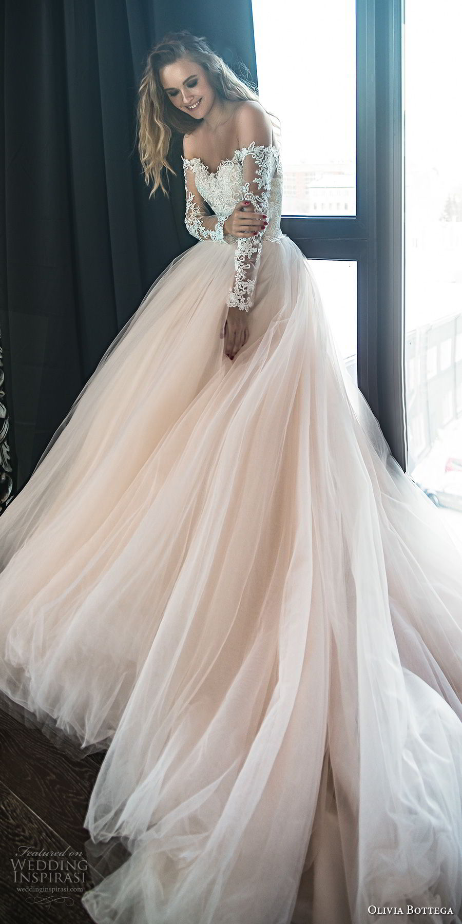 olivia bottega 2018 bridal long sleeves off the shoulder sweetheart neckline heavily embellished bodice princess romantic blush ball gown wedding dress royal train (1) mv