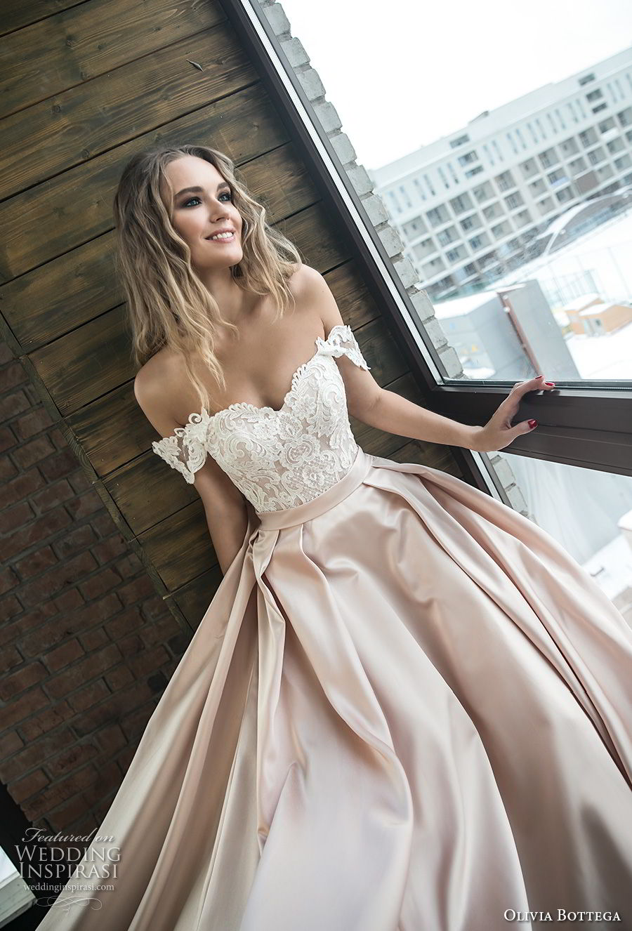 olivia bottega 2018 bridal off the shoulder sweetheart neckline heavily embellished bodice satin skirt romantic a  line wedding dress chapel train (10) zv