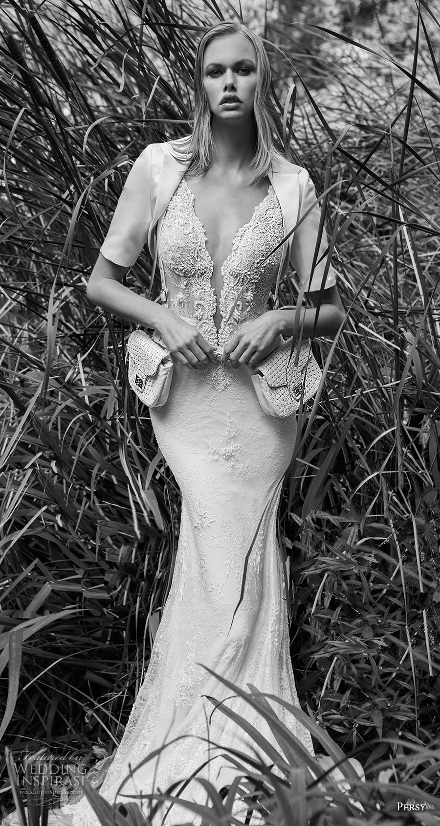 persy fall 2018 bridal sleeveless with strap deep pluning v neck heavily embellished bodice elegant sexy fit and flare wedding dress short sleeve jacket sweep train (3) mv