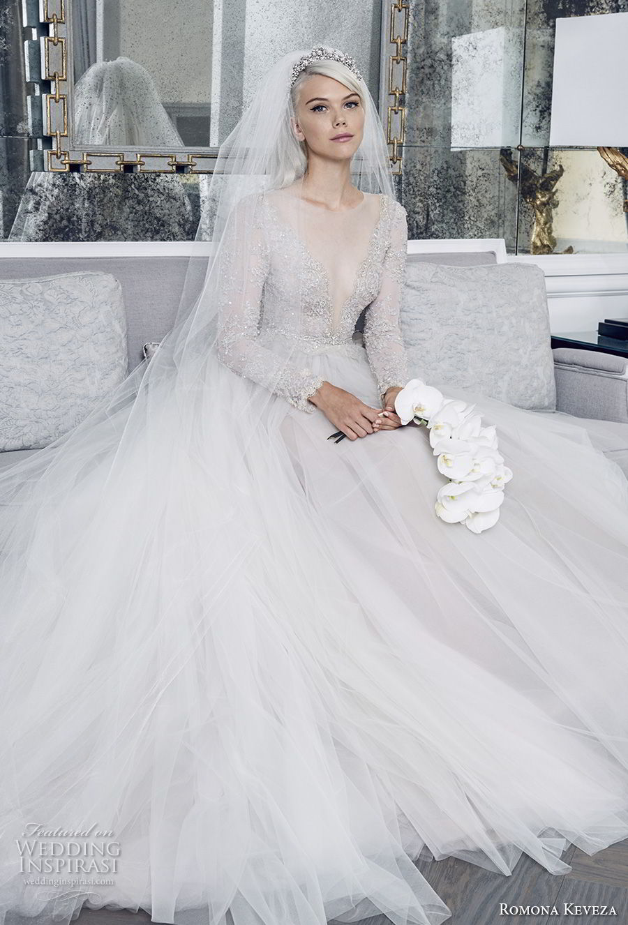 romona keveza fall 2018 bridal long sleeves illusion jewel deep v neck heavily embellished bodice tulle skirt princess romantic a  line wedding dress (2) mv