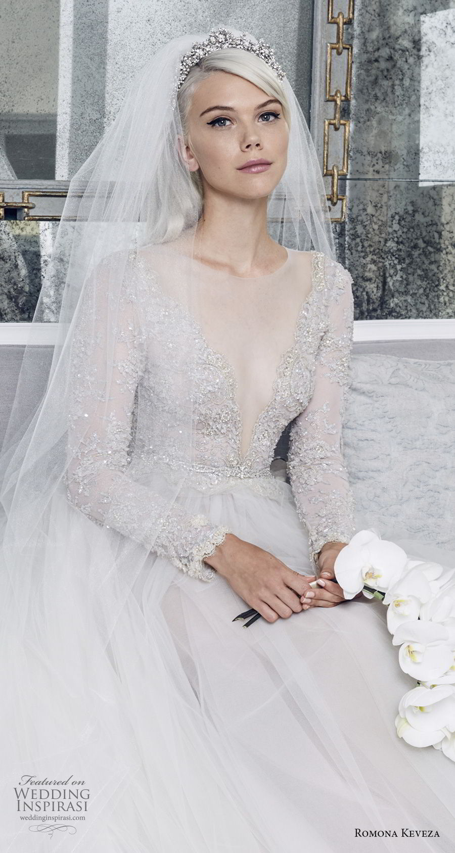 romona keveza fall 2018 bridal long sleeves illusion jewel deep v neck heavily embellished bodice tulle skirt princess romantic a  line wedding dress (2) zv
