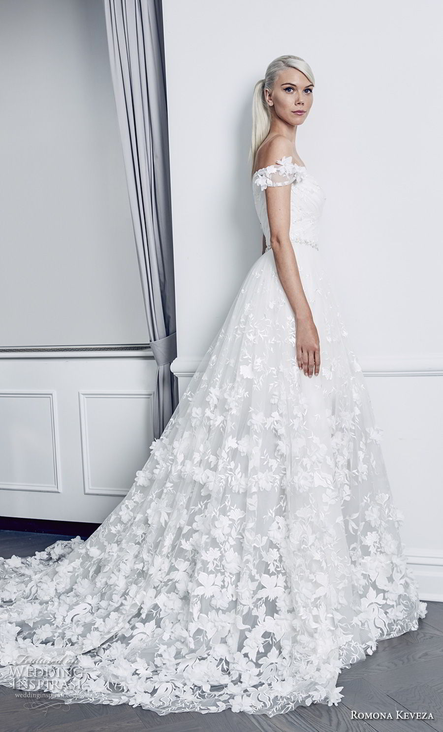 romona keveza fall 2018 bridal off the shoulder full embellishment romantic a  line wedding dress chapel train (3) mv