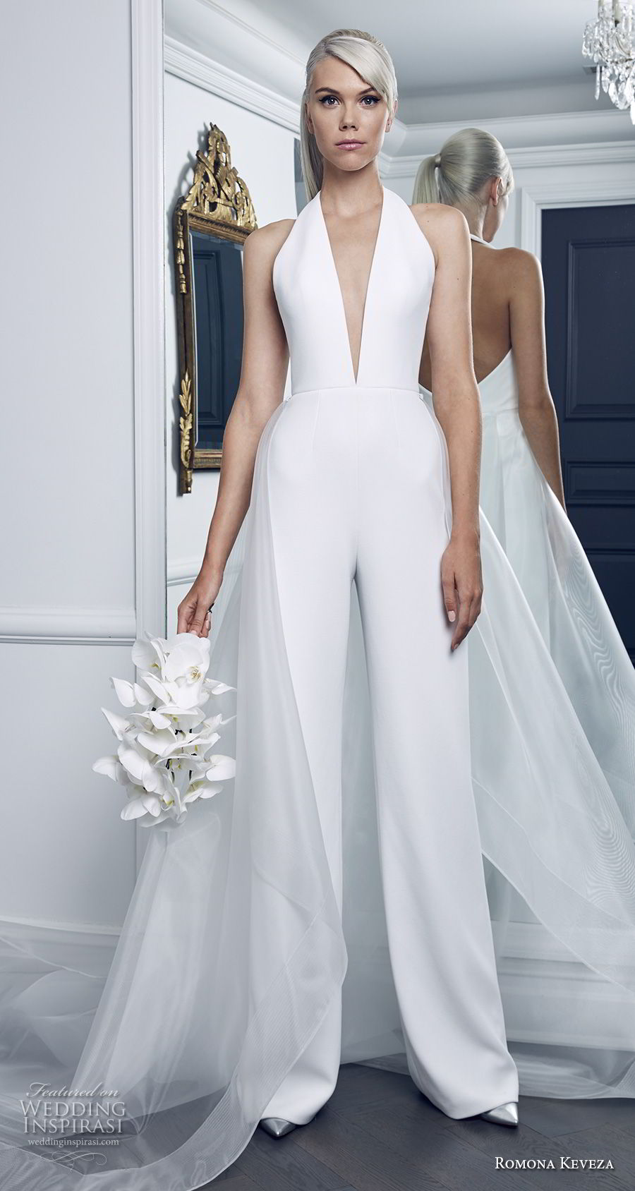 romona keveza fall 2018 bridal sleeveless halter deep v neck simple clean modern jumper wedding dress chapel train (9) mv