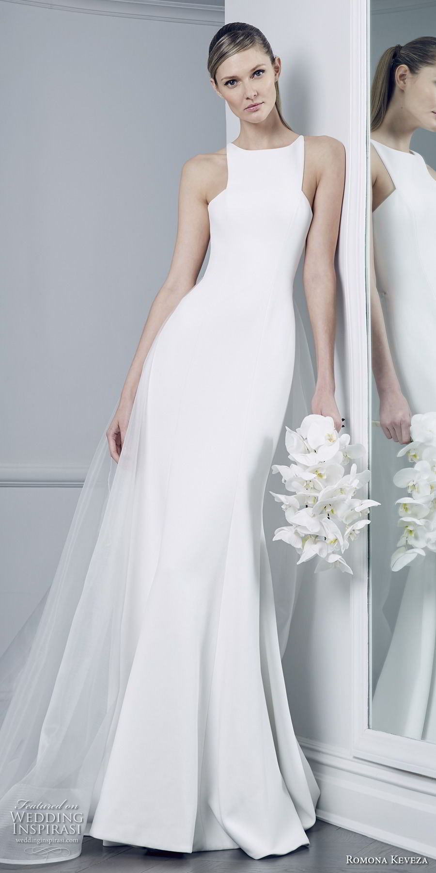 romona keveza fall 2018 bridal sleeveless halter jewel neck simple clean elegant chic fit and flare wedding dress chapel train (6) mv