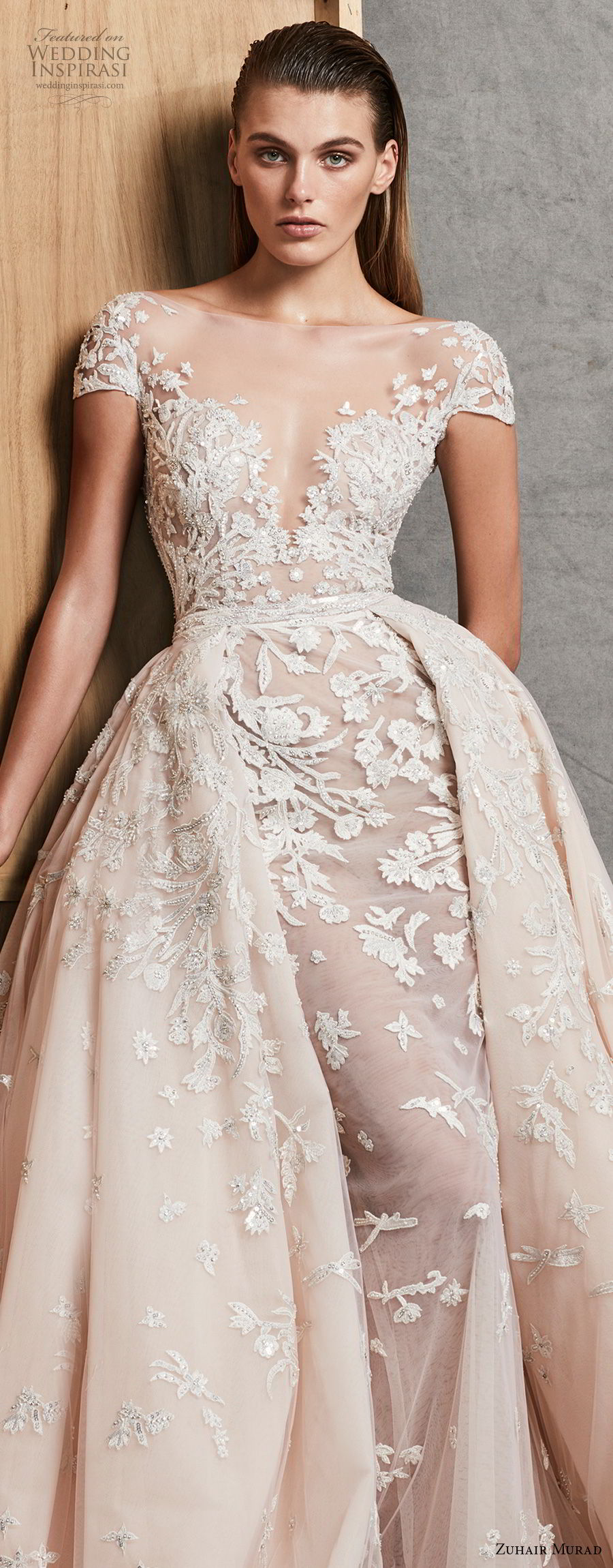 zuhair murad fall 2018 bridal cap sleeves illusion deep sweetheart neckline romantic princess blush fit and flare wedding dress a  line overskirt chapel train (15) zv