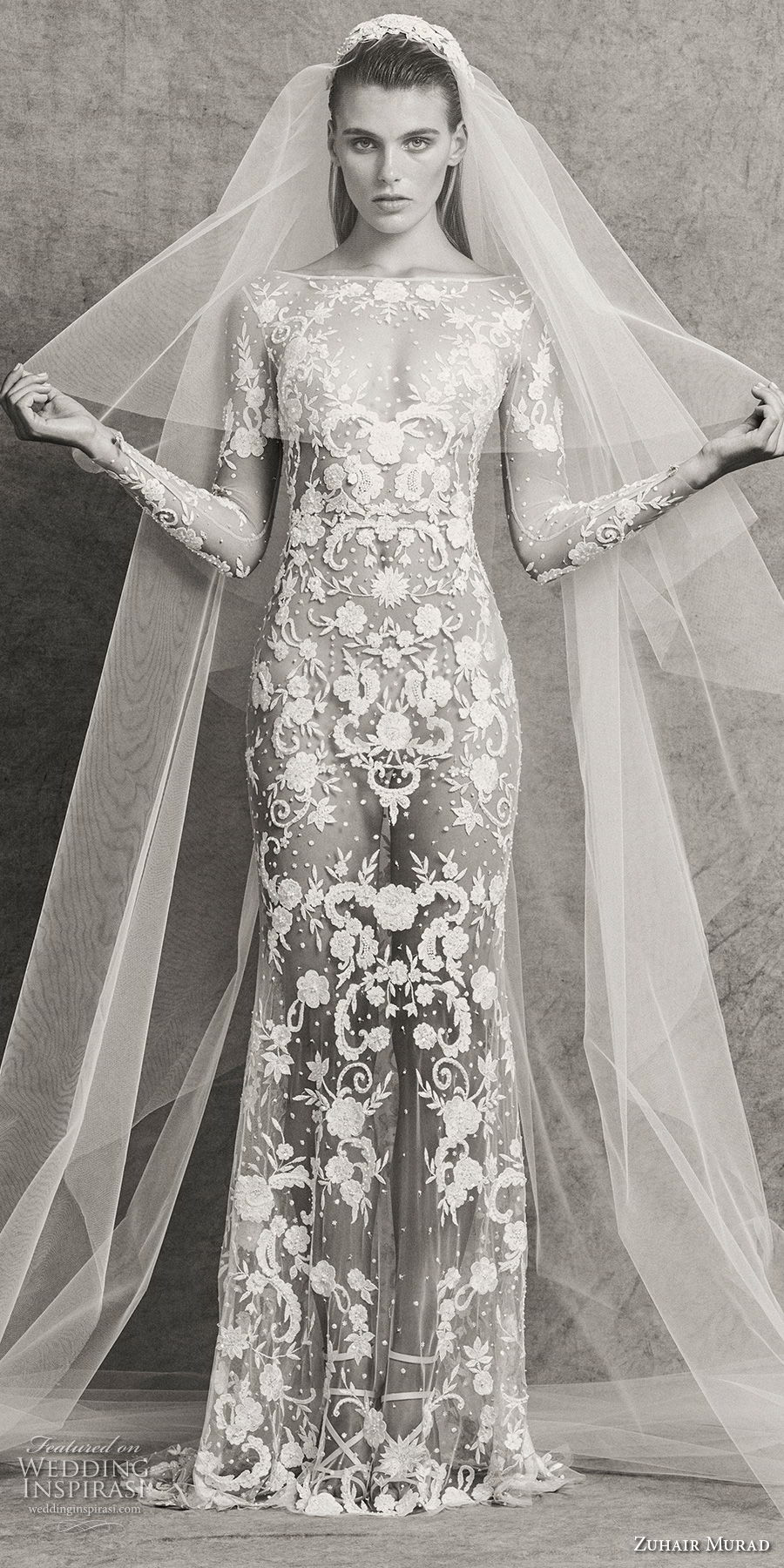 zuhair murad fall 2018 bridal long sleeves bateau neckline full embellishment elegant sexy sheath wedding dress  sweep train (1) mv