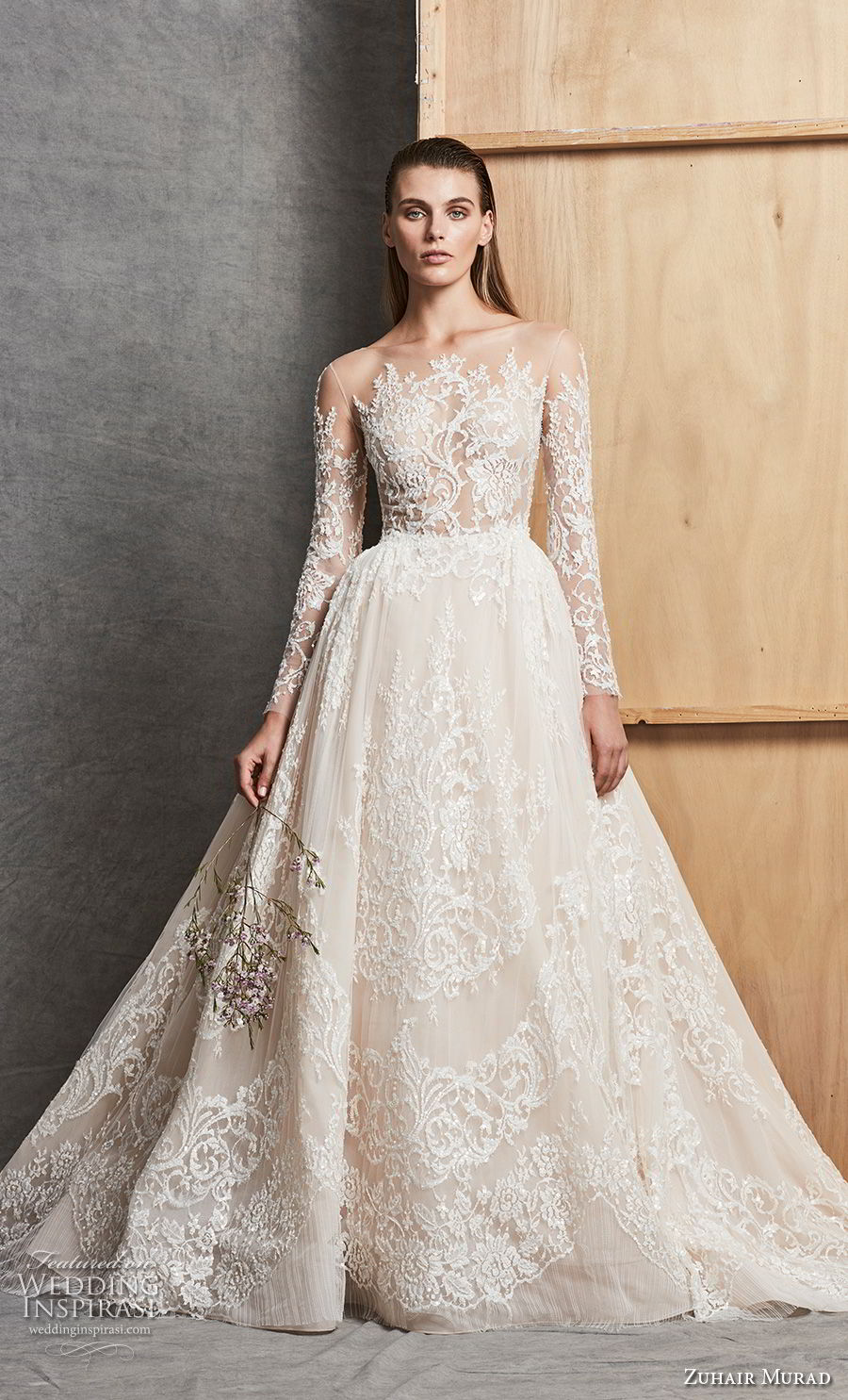 zuhair murad fall 2018 bridal long sleeves illusion bateau full embellishment princess elegant a  line wedding dress chapel train (5) mv 