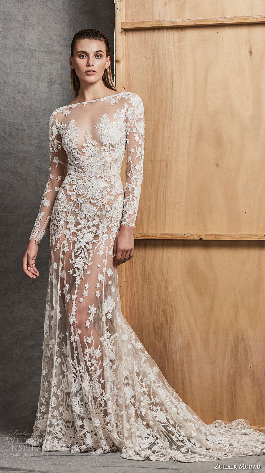 zuhair murad fall 2018 bridal long sleeves illusion bateau sweetheart neckline full embellishment sexy elegant glamorous fit and flare wedding dress chapel train (8) mv