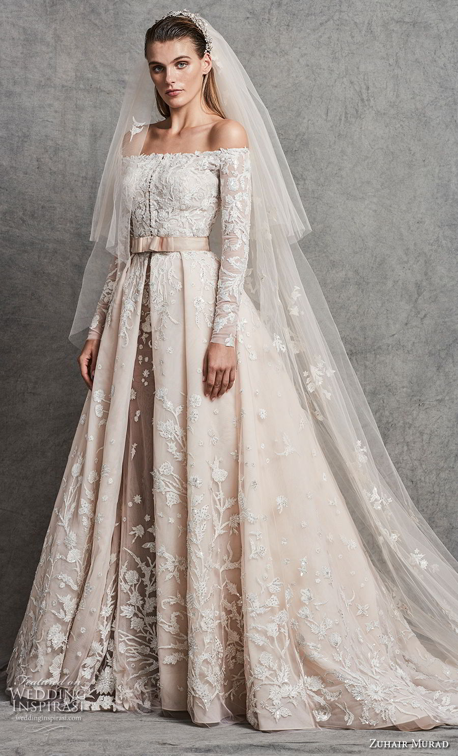 zuhair murad fall 2018 bridal long sleeves off the shoulder straight across neckline heavily embellished bodice romantic princess ivory a  line wedding dress chapel train (2) mv