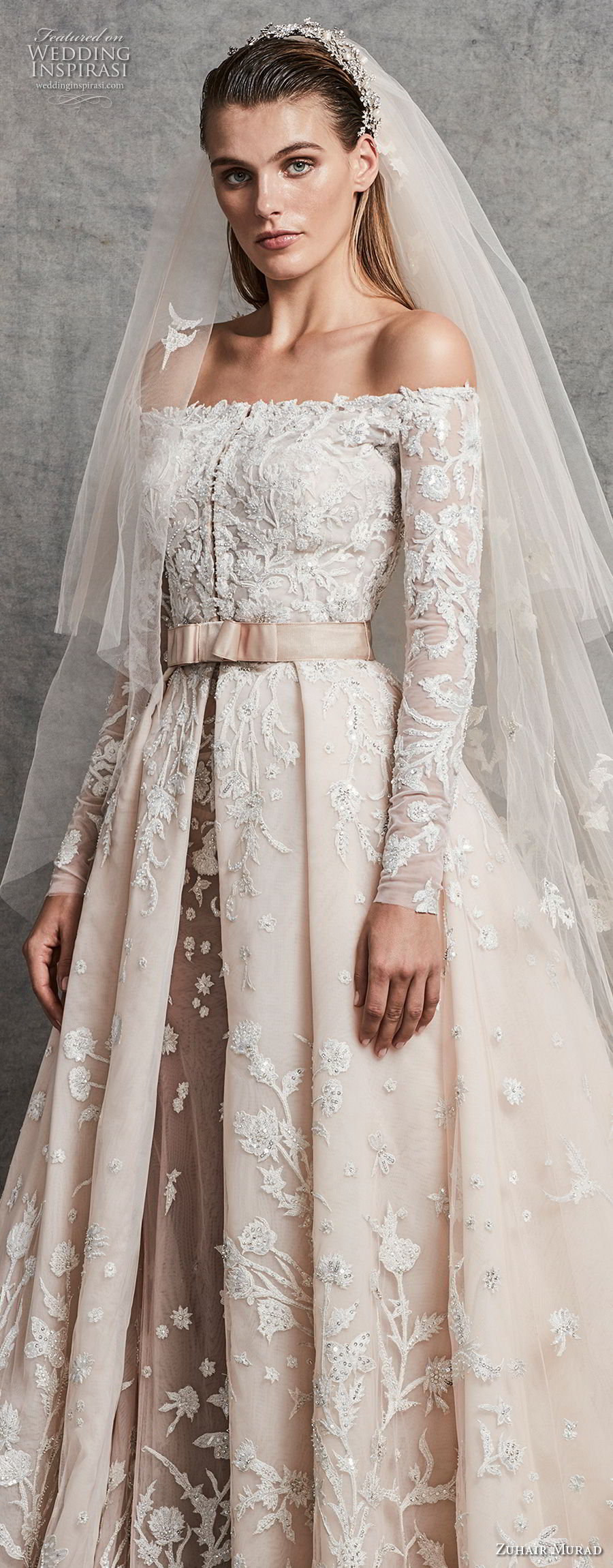 zuhair murad fall 2018 bridal long sleeves off the shoulder straight across neckline heavily embellished bodice romantic princess ivory a  line wedding dress chapel train (2) zv