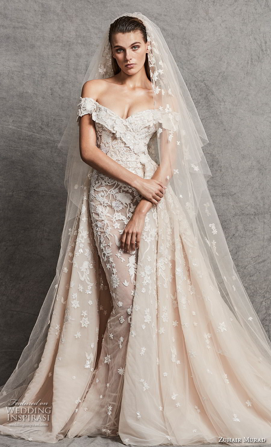 zuhair murad fall 2018 bridal off the shoulder v neck full embellishment elegant fit and flare wedding dress a  line overskirt chapel train (10) mv