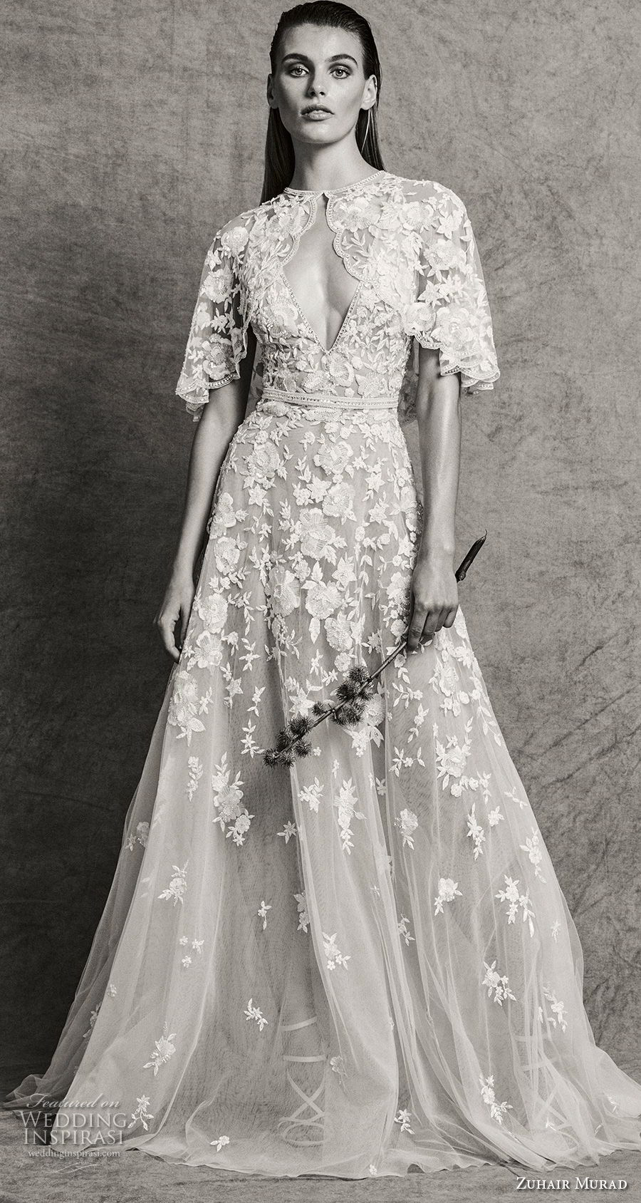 zuhair murad fall 2018 bridal sleeveless deep v neck heavily embellished bodice romantic a  line wedding dress with capelet sweep train (6) mv