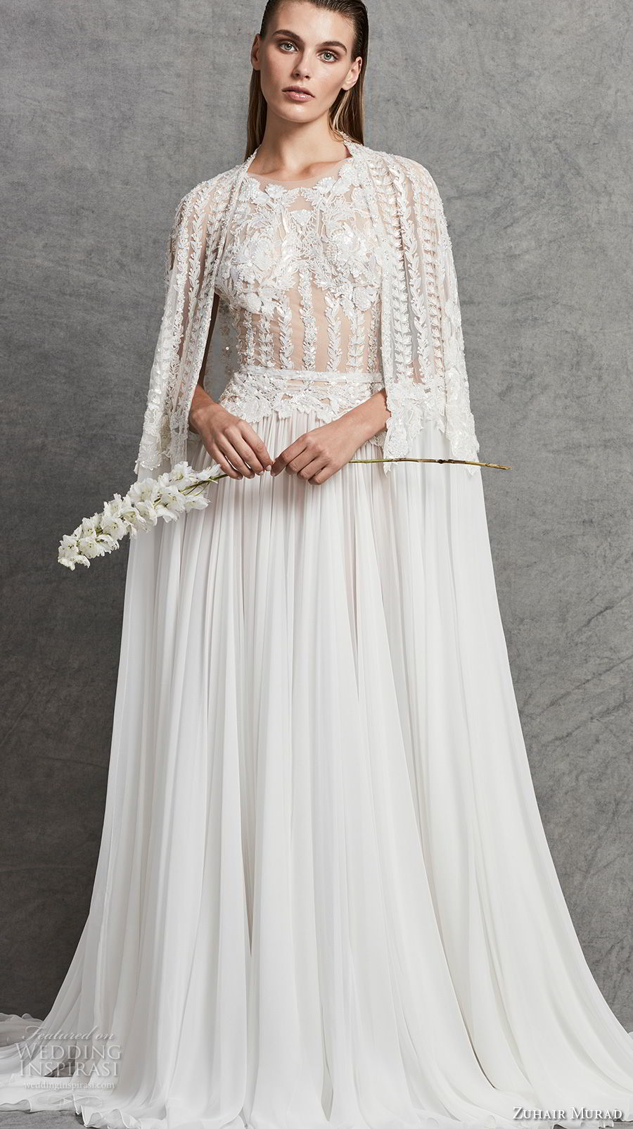 zuhair murad fall 2018 bridal sleeveless halter jewel neck heavily embellished bodice romantic a  line wedding dress with cape sweep train (9) mv