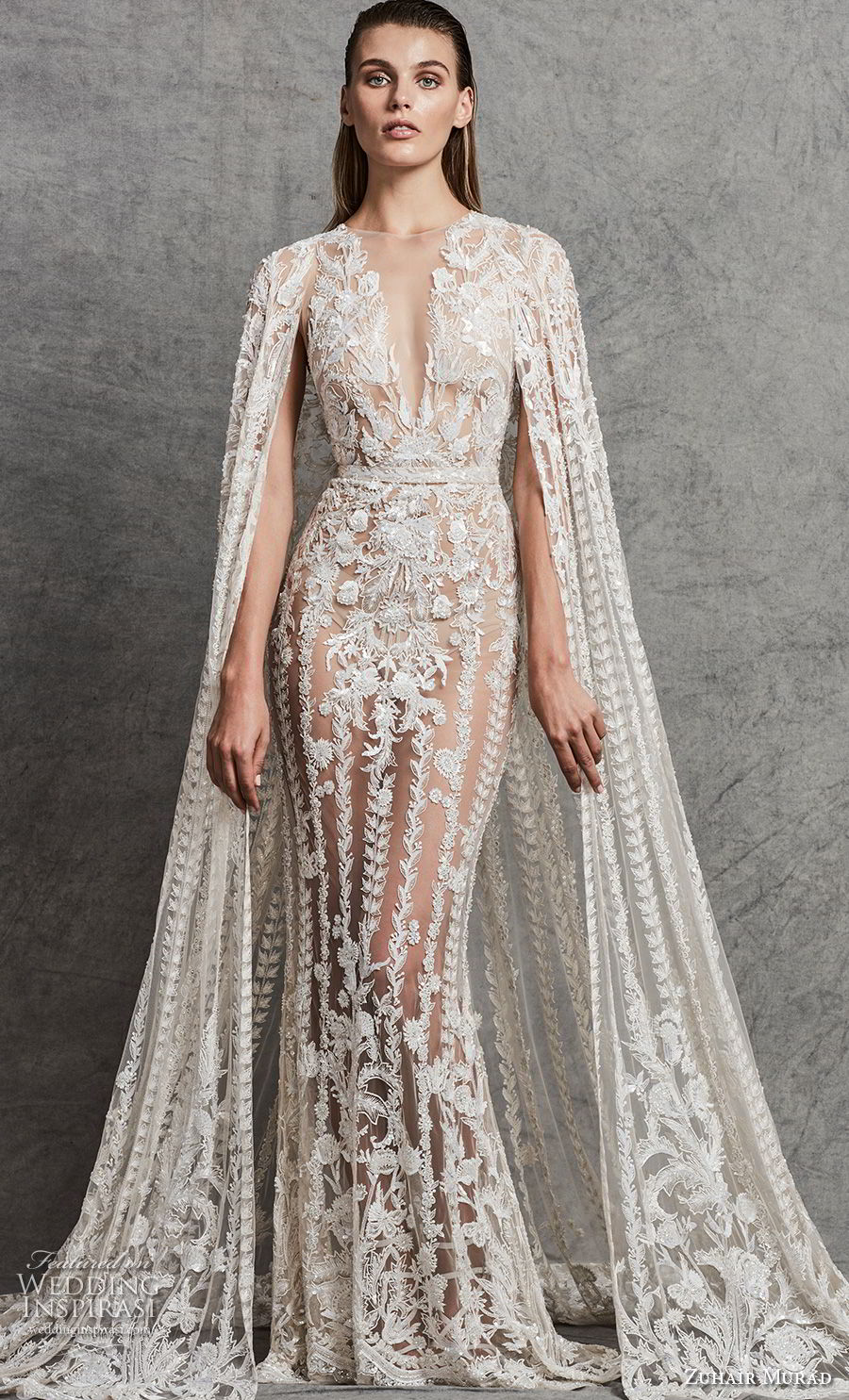 zuhair murad fall 2018 bridal sleeveless illusion bateau deep v neck full embellishment glamorous elegant fit and flare sheath wedding dress with cape sweep train (4) mv