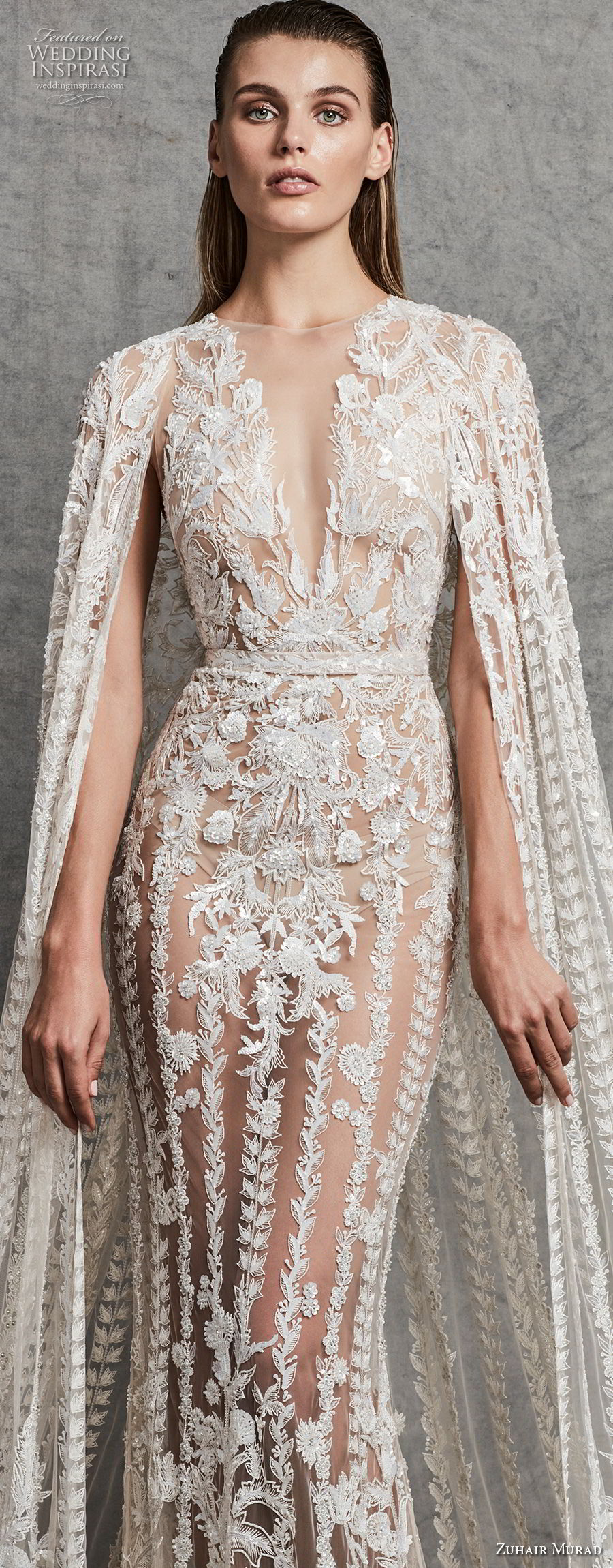 zuhair murad fall 2018 bridal sleeveless illusion bateau deep v neck full embellishment glamorous elegant fit and flare sheath wedding dress with cape sweep train (4) zv