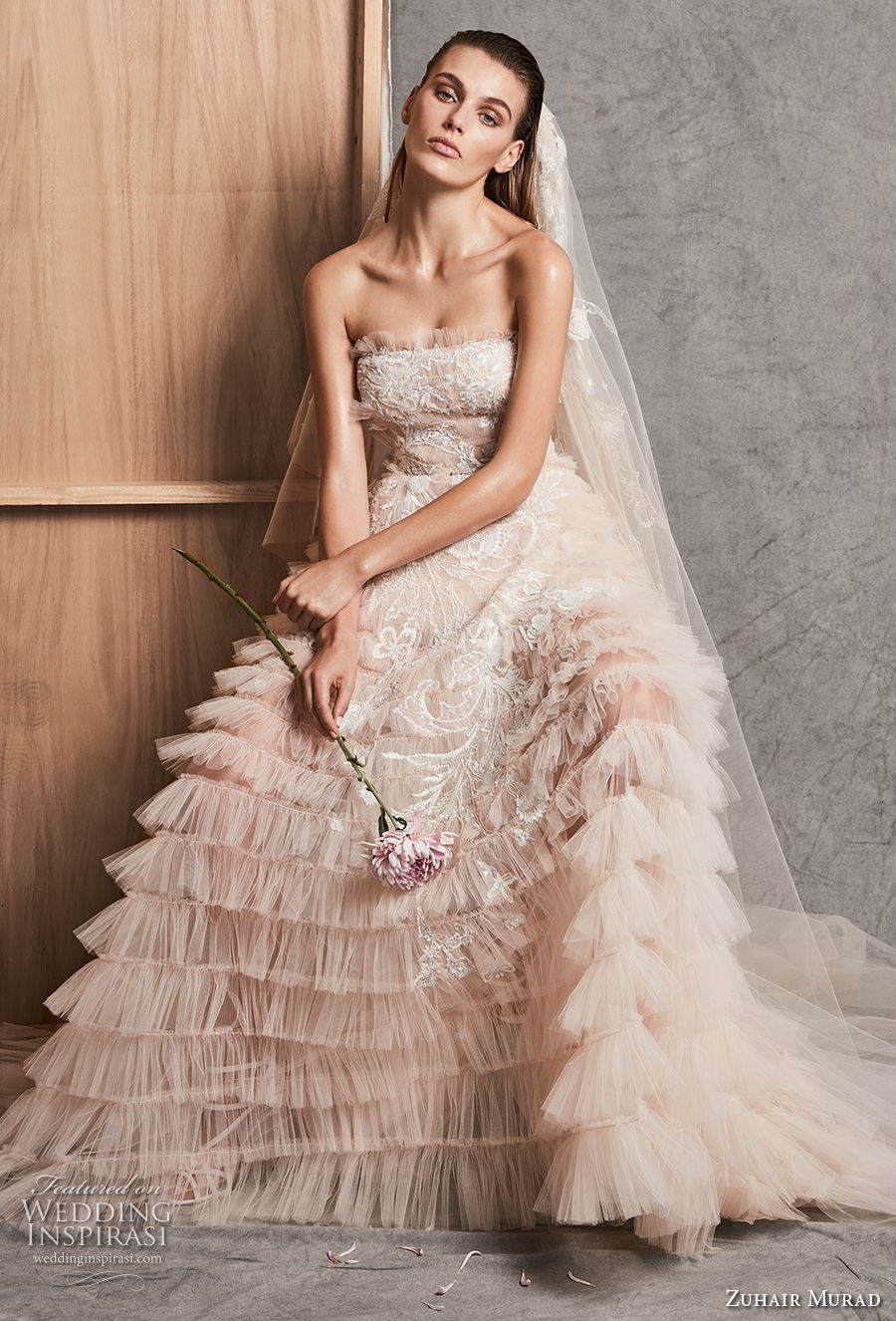 zuhair murad fall 2018 bridal strapless straight across neckline full embellishment tiered skirt romantic blush a  line wedding dress chapel train (12) mv