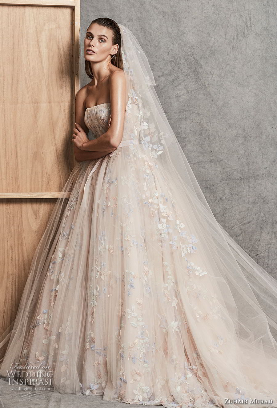 zuhair murad fall 2018 bridal strapless straight across neckline ruched bodice romantic princess blush ball gown wedding dress chapel train (11) mv