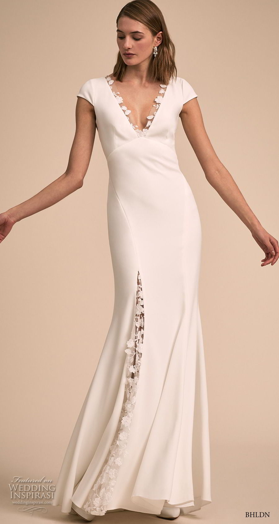 bhldn 2018 bridal cap sleeves v neck elegant simple romantic bohemian sheath wedding dress keyhole back sweep train (13) mv