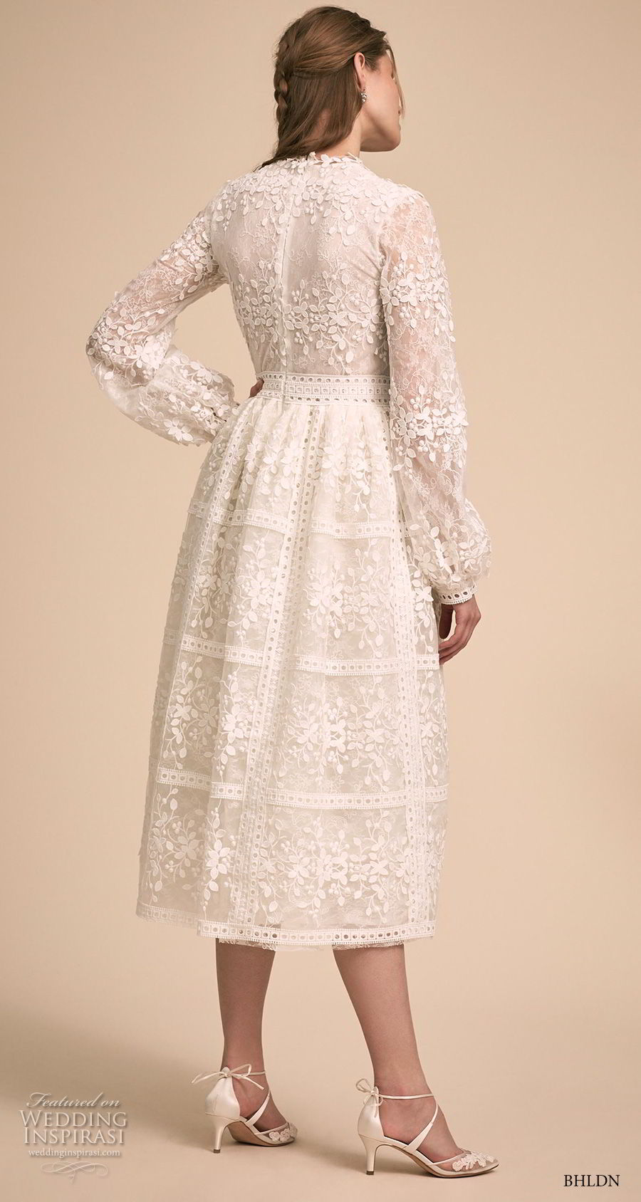 bhldn 2018 bridal long bishop sleeves jewel neck full embellishment romantic modest tea length short wedding dress covered back (6) bv bhldn 2018 bridal long bishop sleeves jewel neck full embellishment romantic modest tea length short wedding dress covered back (6) bv