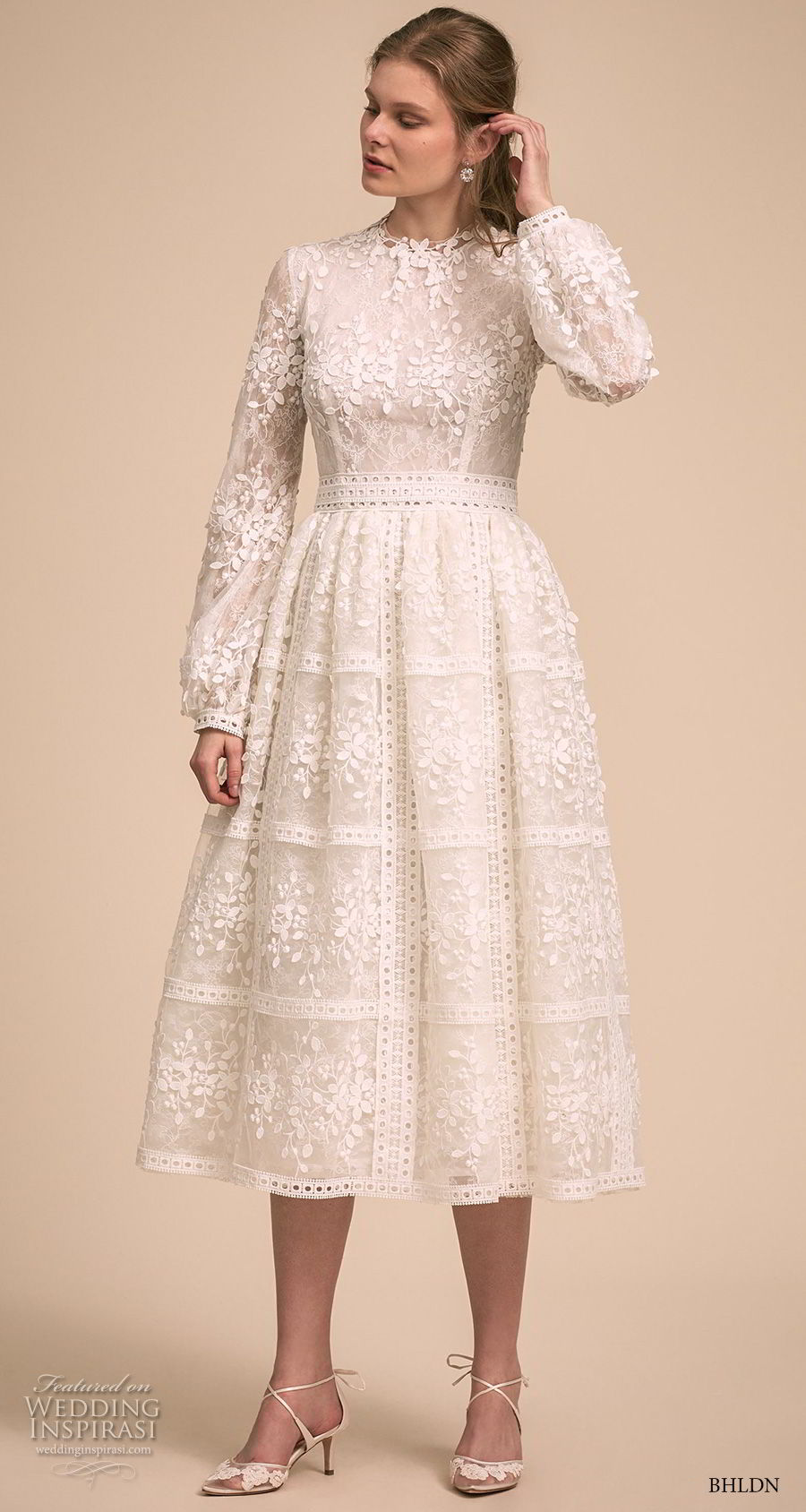 bhldn 2018 bridal long bishop sleeves jewel neck full embellishment romantic modest tea length short wedding dress covered back (6) mv