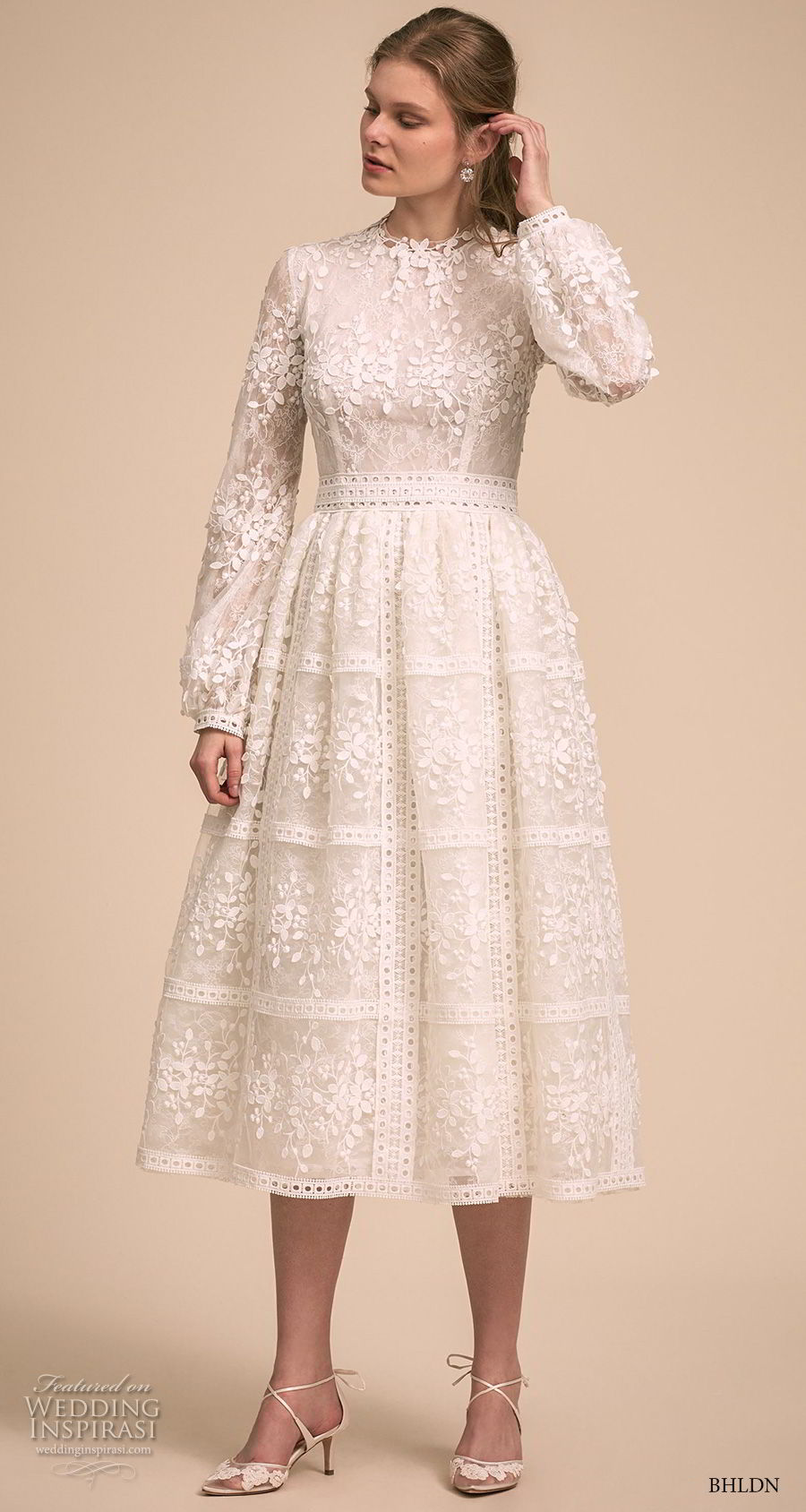 bhldn 2018 bridal long bishop sleeves jewel neck full embellishment romantic modest tea length short wedding dress covered back (6) mv bhldn 2018 bridal long bishop sleeves jewel neck full embellishment romantic modest tea length short wedding dress covered back (6) mv