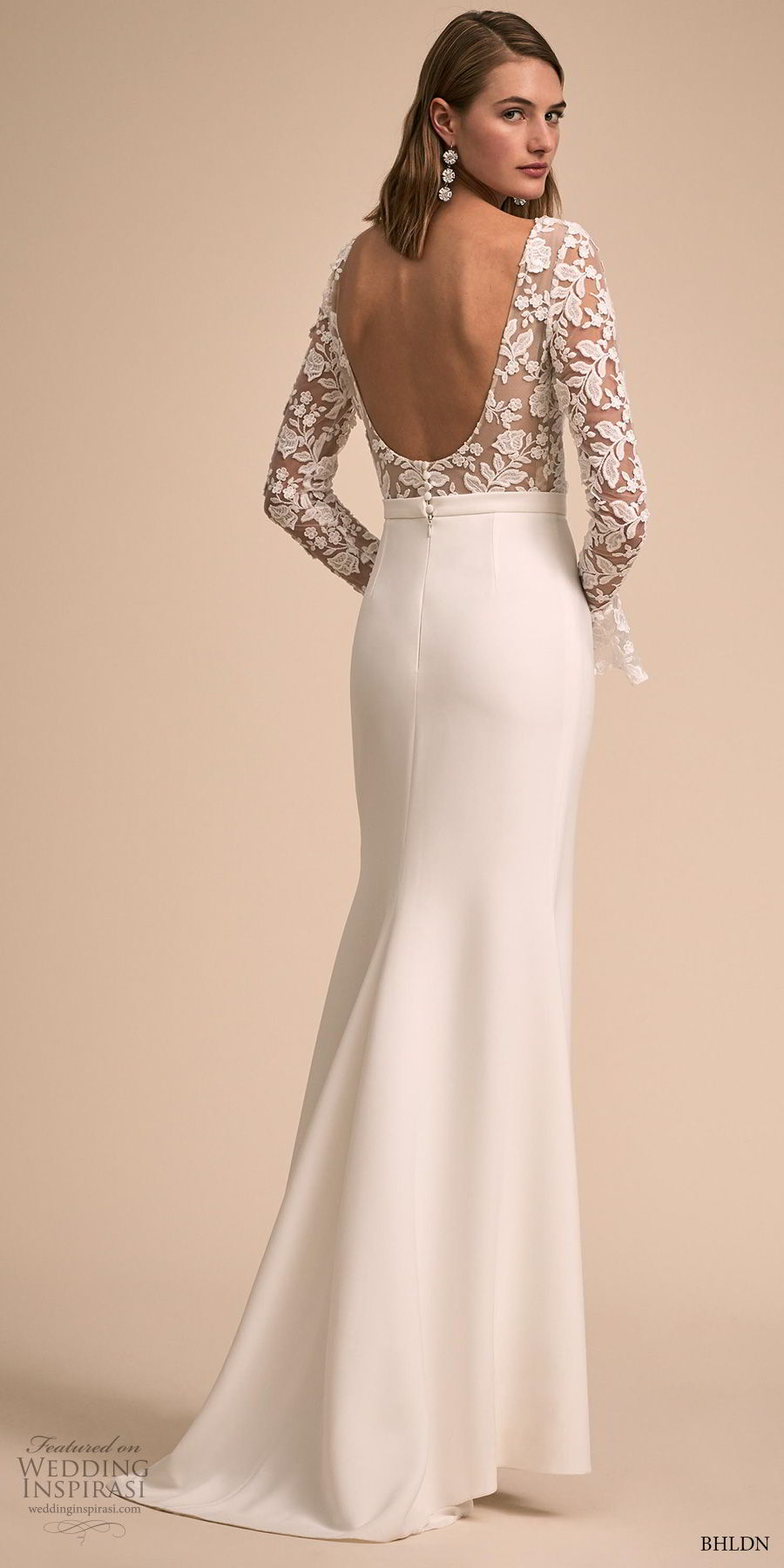 bhldn 2018 bridal long poet sleeves v neck heavily embellished bodice slit skirt elegant modified a  line wedding scoop back dress sweep train (3) bv