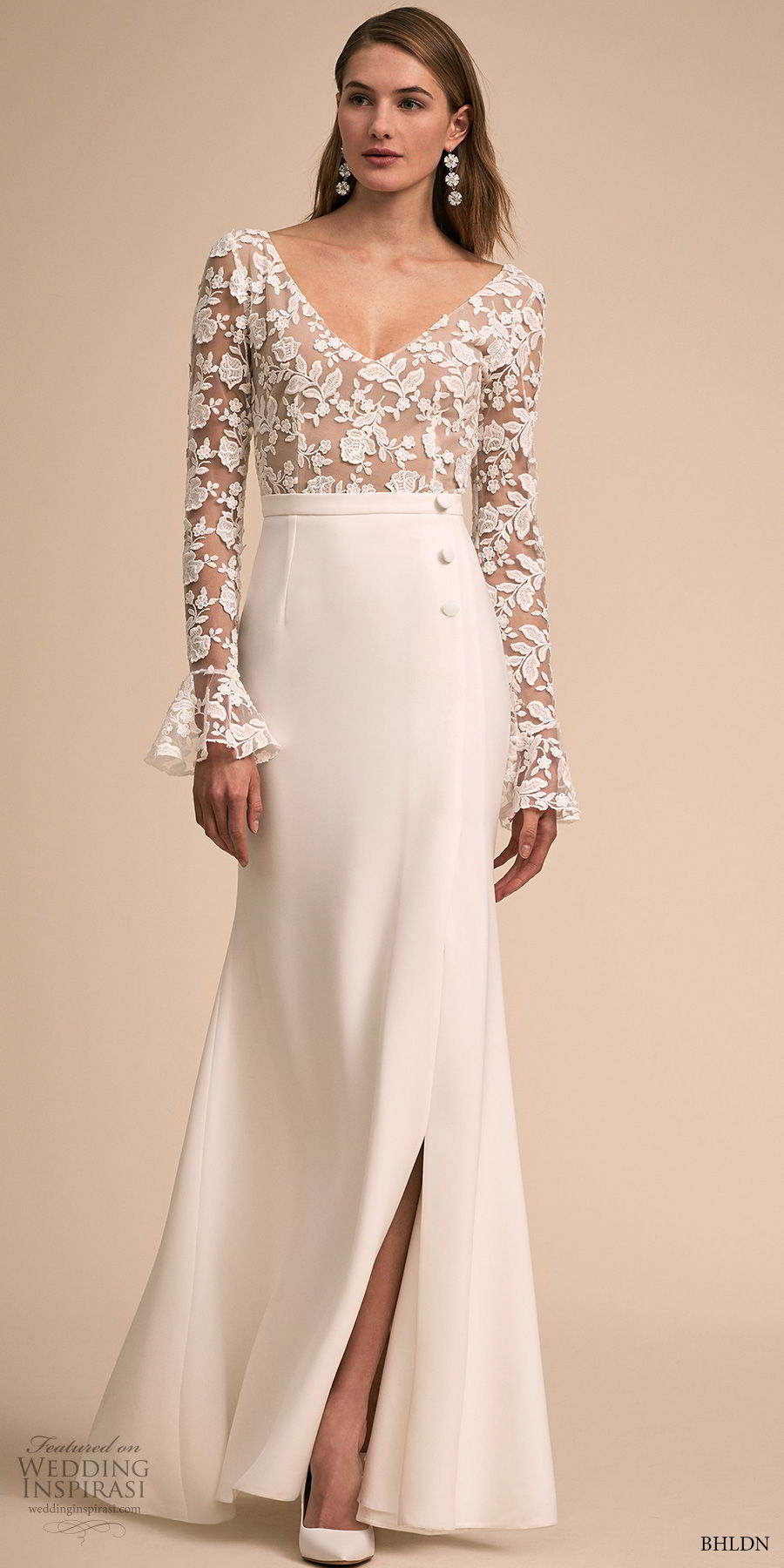 bhldn 2018 bridal long poet sleeves v neck heavily embellished bodice slit skirt elegant modified a  line wedding scoop back dress sweep train (3) mv