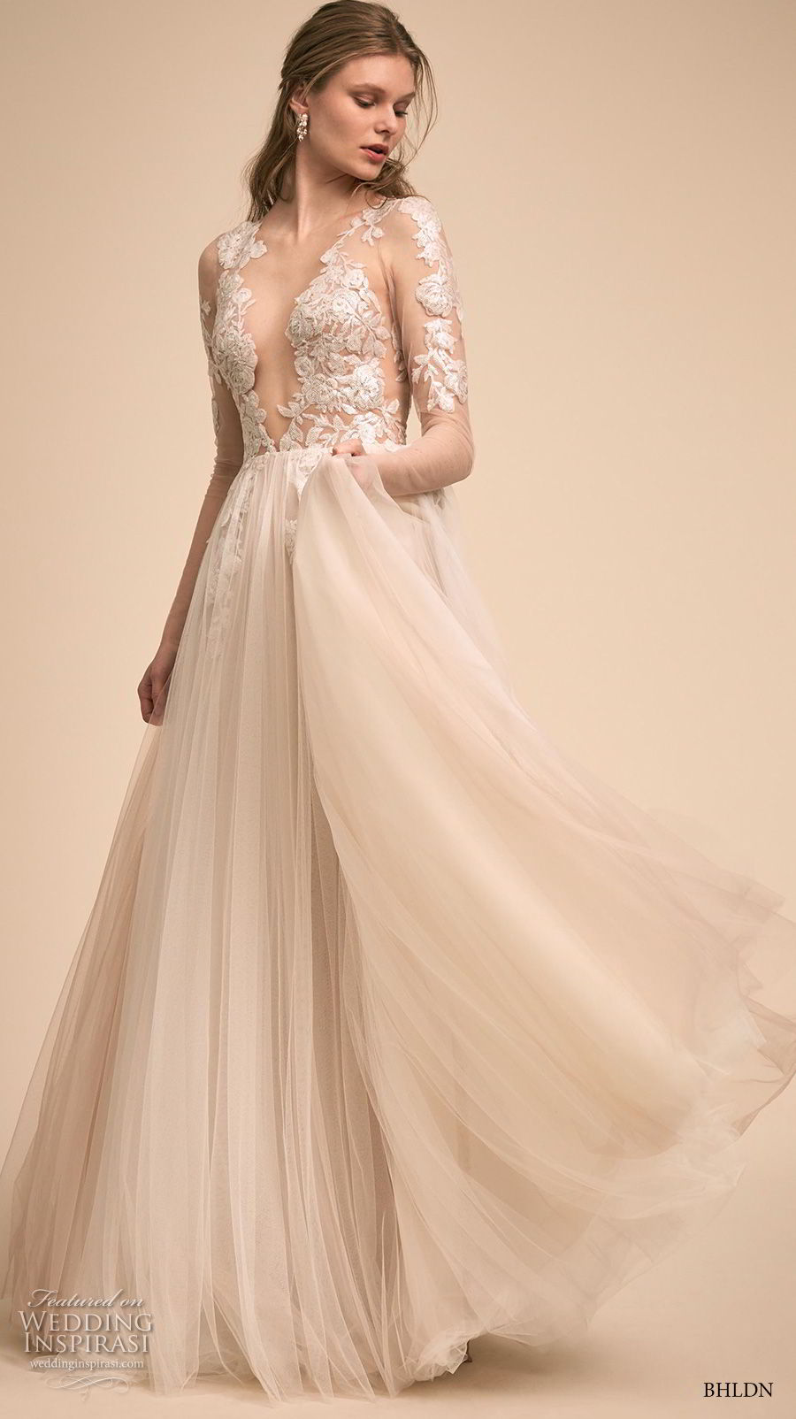 bhldn 2018 bridal long sleeves deep v neck heavily embellished bodice tulle skirt romantic soft a line wedding dress (5) mv bhldn 2018 bridal long sleeves deep v neck heavily embellished bodice tulle skirt romantic soft a line wedding dress (5) mv