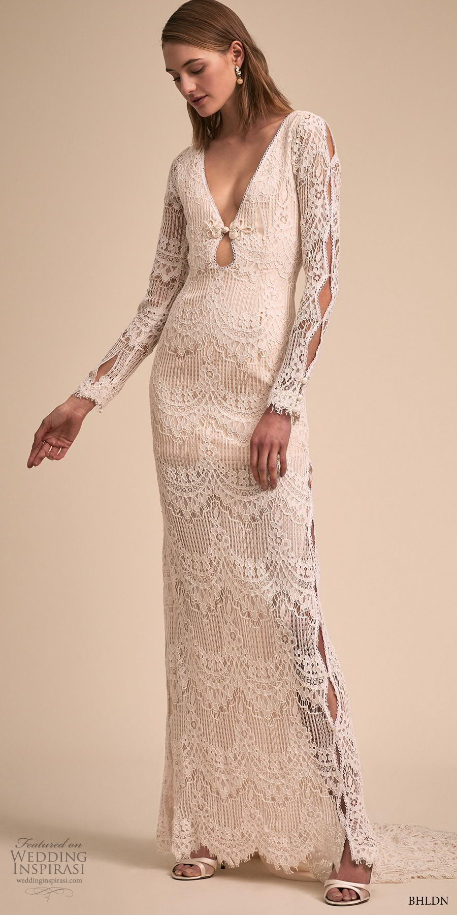 bhldn 2018 bridal long sleeves v neck full embellishment bohemian sheath wedding dress keyhole back short train (1) mv