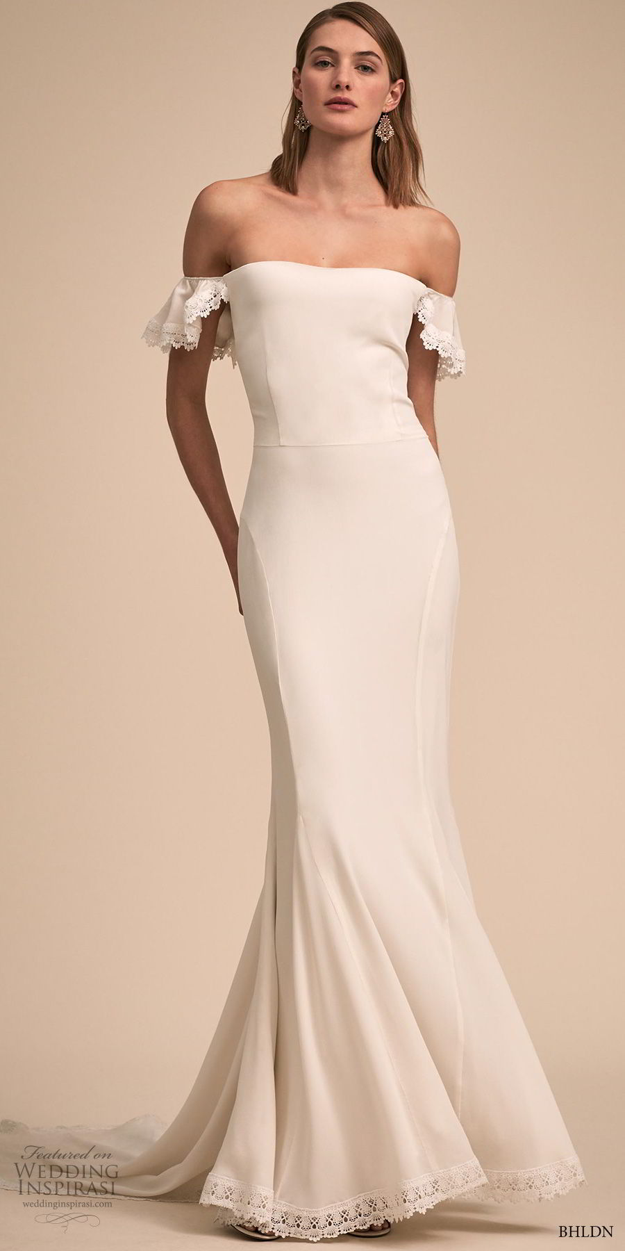 bhldn 2018 bridal off the shoulder semi sweetheart neckline simple clean elegant fit and flare wedding dress chapel train (9) mv bhldn 2018 bridal off the shoulder semi sweetheart neckline simple clean elegant fit and flare wedding dress chapel train (9) mv
