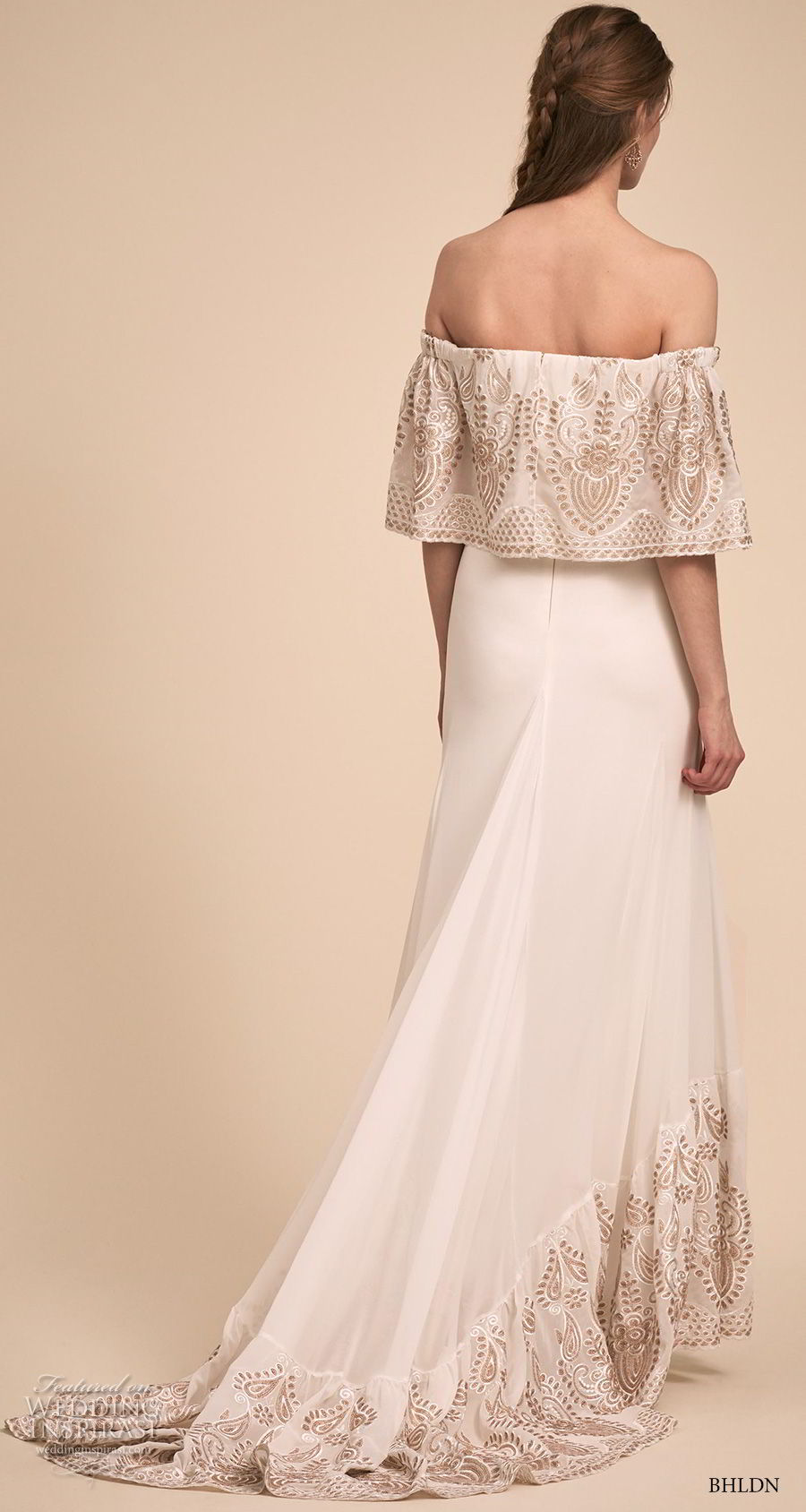 bhldn 2018 bridal off the shoulder straight across flounce neckline heavily embellished bodice hem romantic modified a  line wedding dress sweep train (8) bv