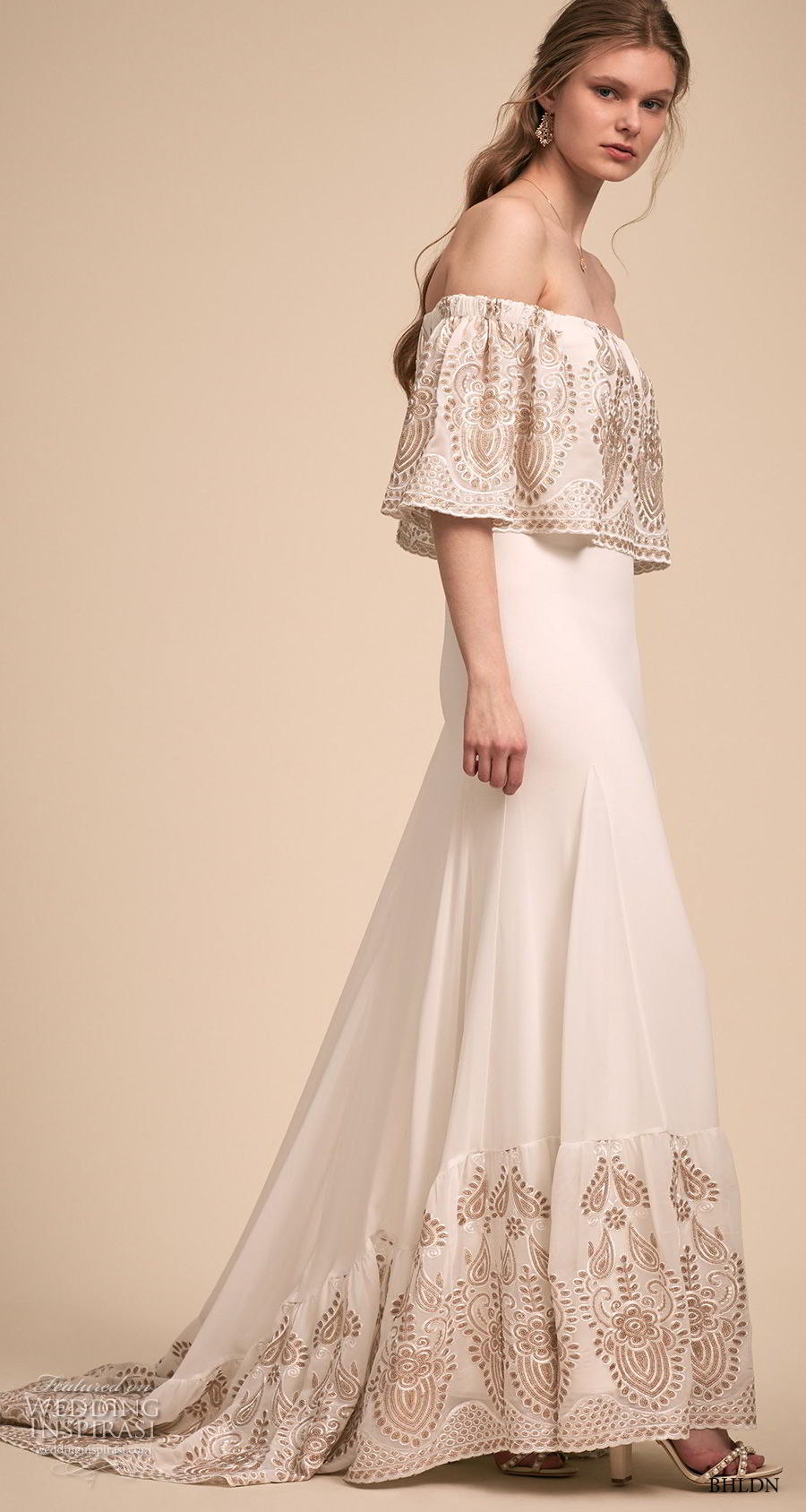 bhldn 2018 bridal off the shoulder straight across flounce neckline heavily embellished bodice hem romantic modified a  line wedding dress sweep train (8) mv