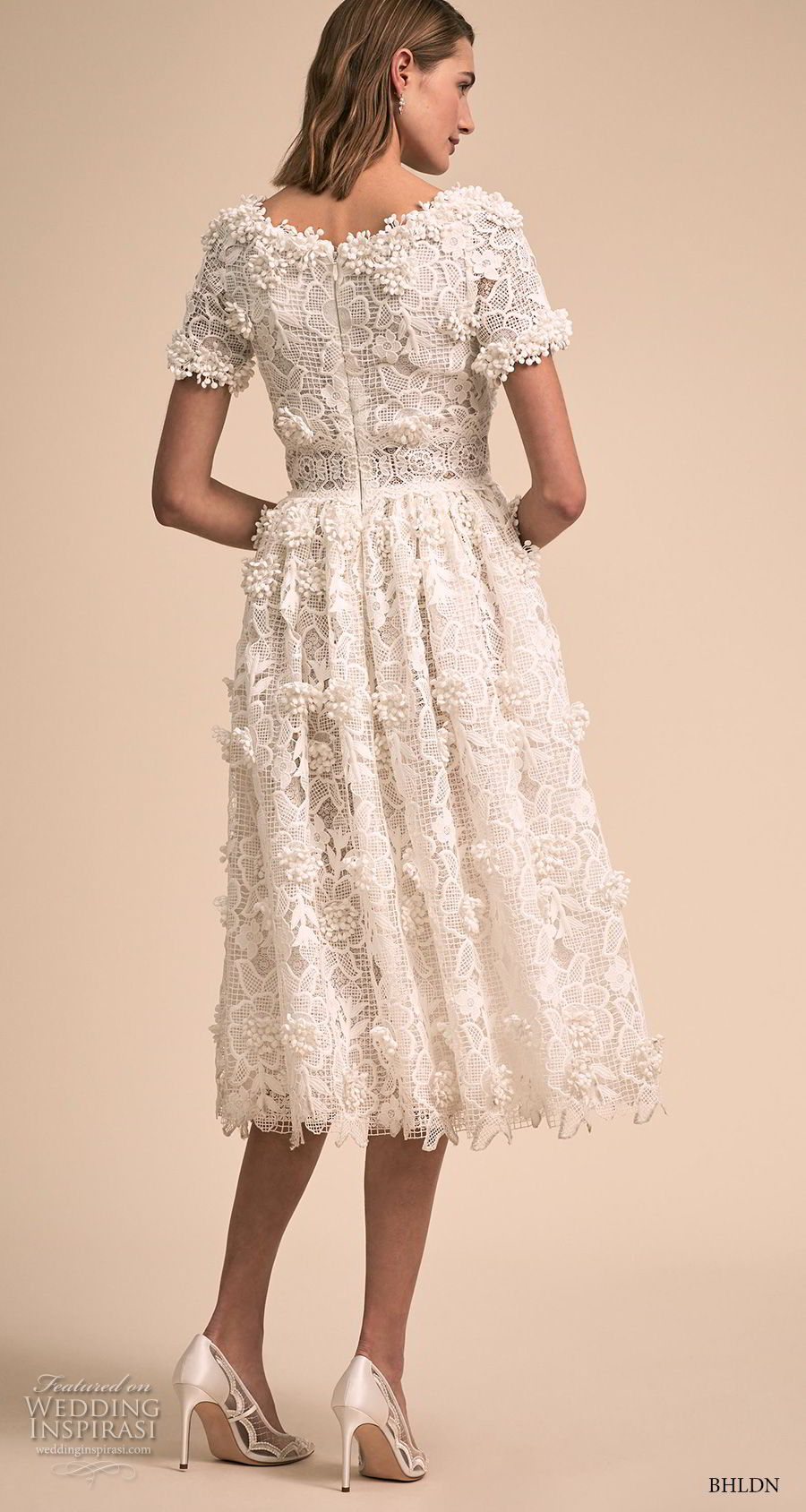 bhldn 2018 bridal short sleeves bateau neck full embellishment romantic tea length short wedding dress (10) bv