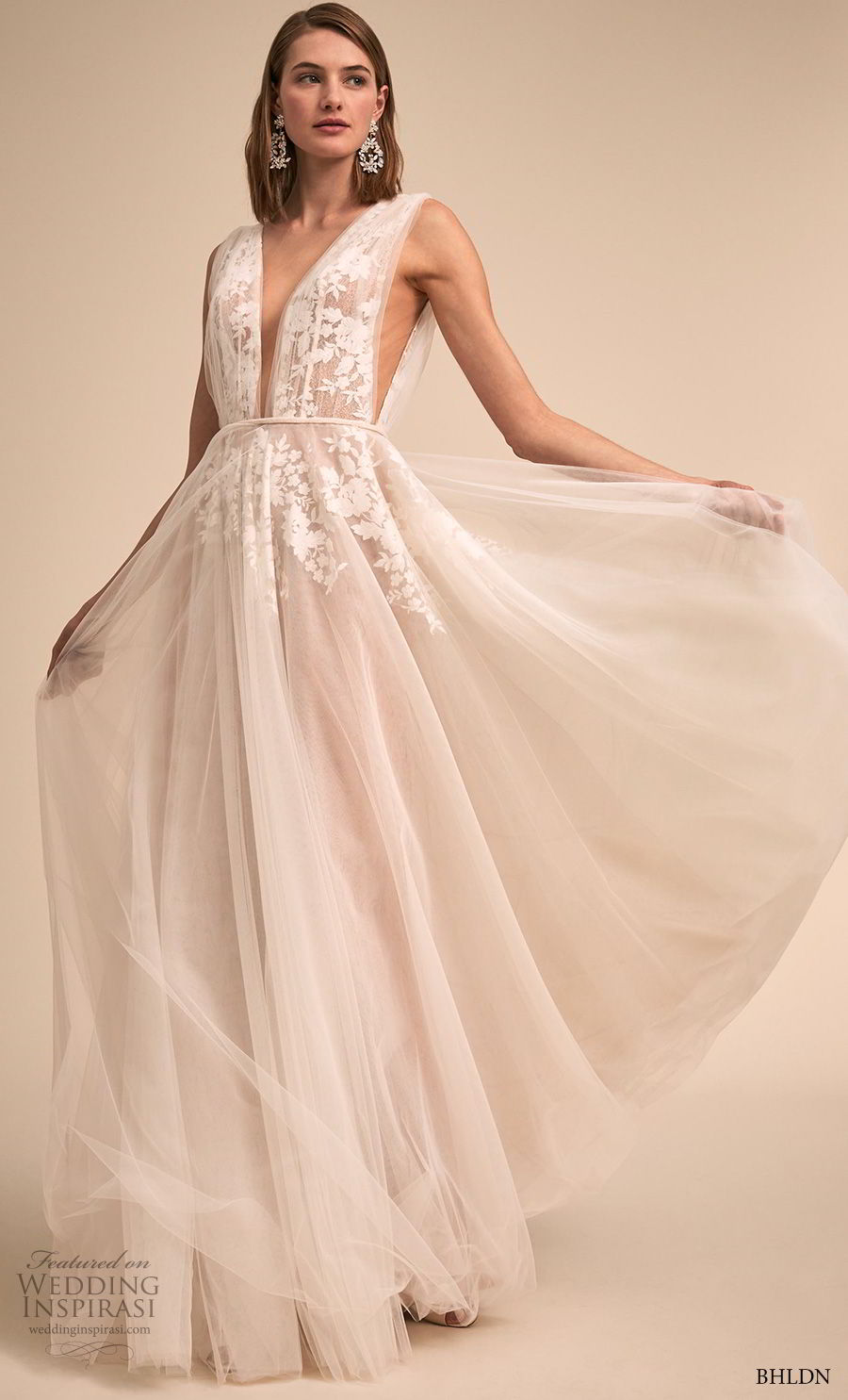 bhldn 2018 bridal sleeveless deep plunging v neck heavily embellished bodice side open romantic soft a  line wedding dress open v back sweep train (14) mv